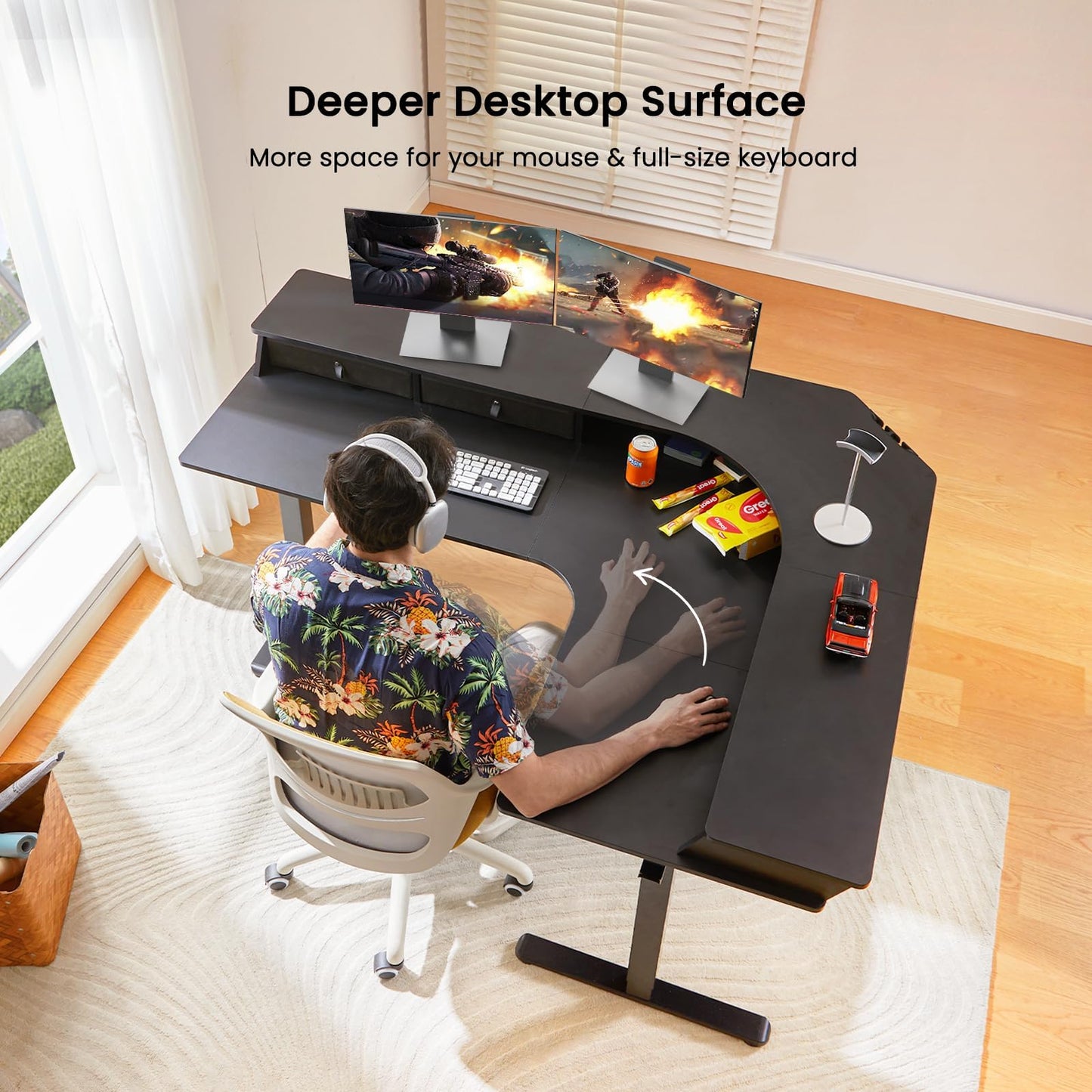 ErGear Electric L Shaped Standing Desk, 65'' Height Adjustable Corner Stand up Desk with Storage Drawers & Cable Management Trays, Modern Home Office Computer Workstation, Black