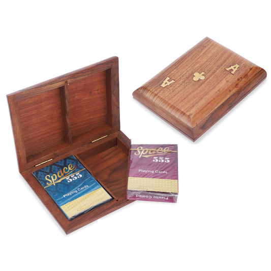 Ajuny Handcrafted Wooden Double Deck Playing Card Box Holder Decorative Storage Case Organizer With 2 Set of Playing Cards Anniversary Housewarming Gifts (15x12 cm)