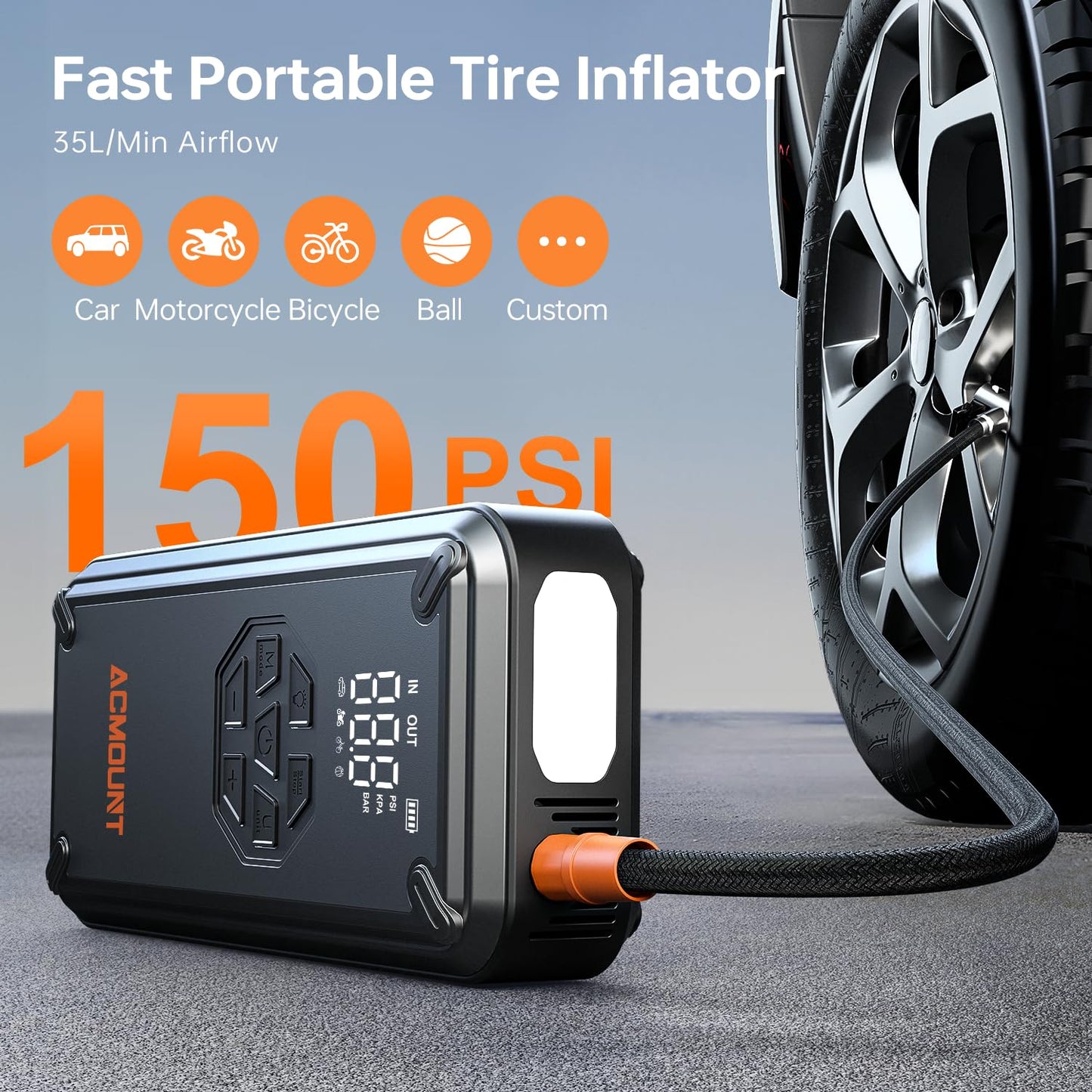 Acmount W160 Jump Starter with Air Compressor, 5000A Portable Car Jump Starter 150PSI Tire Inflator/Air Pump, 12V Battery(Up to 9L Gas/8L Diesel Engine) Jump Pack, Car Emergency Kit, Idea Gift for Man