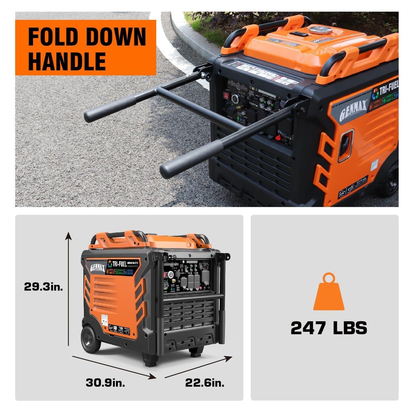 GENMAX Tri Fuel Generator,10500-Watt 458cc Tri Fuel Gasoline Propane Natural Gas Portable 50A Generator with Remote Start,Ideal for Home backup power.