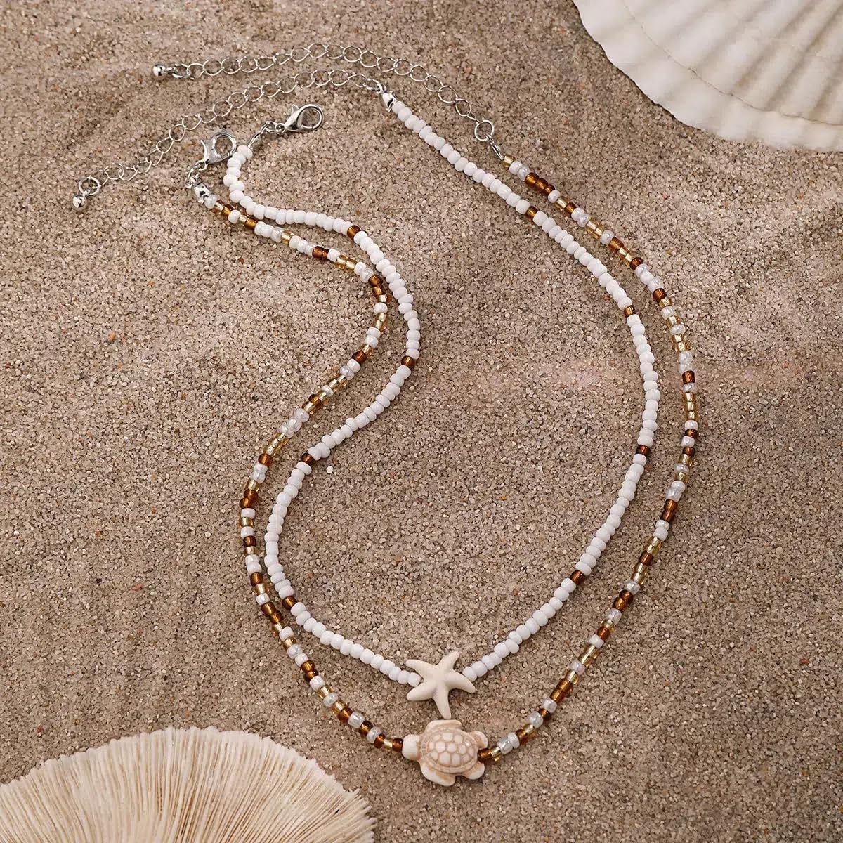 Lameybrt Cowrie Shell Surfer Necklaces, Hawaiian Beach Handmade Choker Set for Women, White Rice Bead with Black Accents, Bohemian Summer Seashell Choker 2 Piece Set, Perfect for Summer Beach Vacation, Birthday, Mother’s Day & Holiday Gifts (Shell 16 Turt