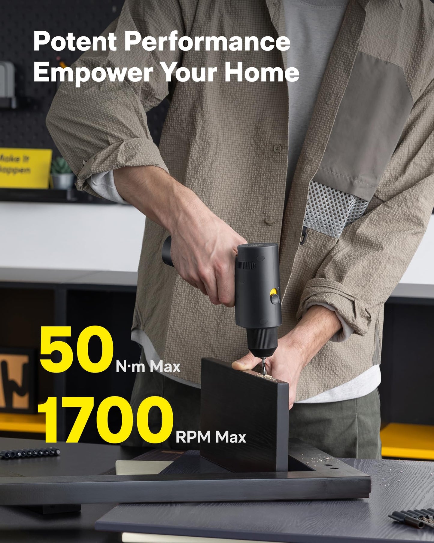 HOTO 16V Brushless Power Drill, 50 N·m High Torque with Smart Display, Auto Mode and LED Light, 10 Bits, 5 Drill Bits, 3/8” Keyless Chuck, Two Working Modes, Perfect for Home Repairs and Projects