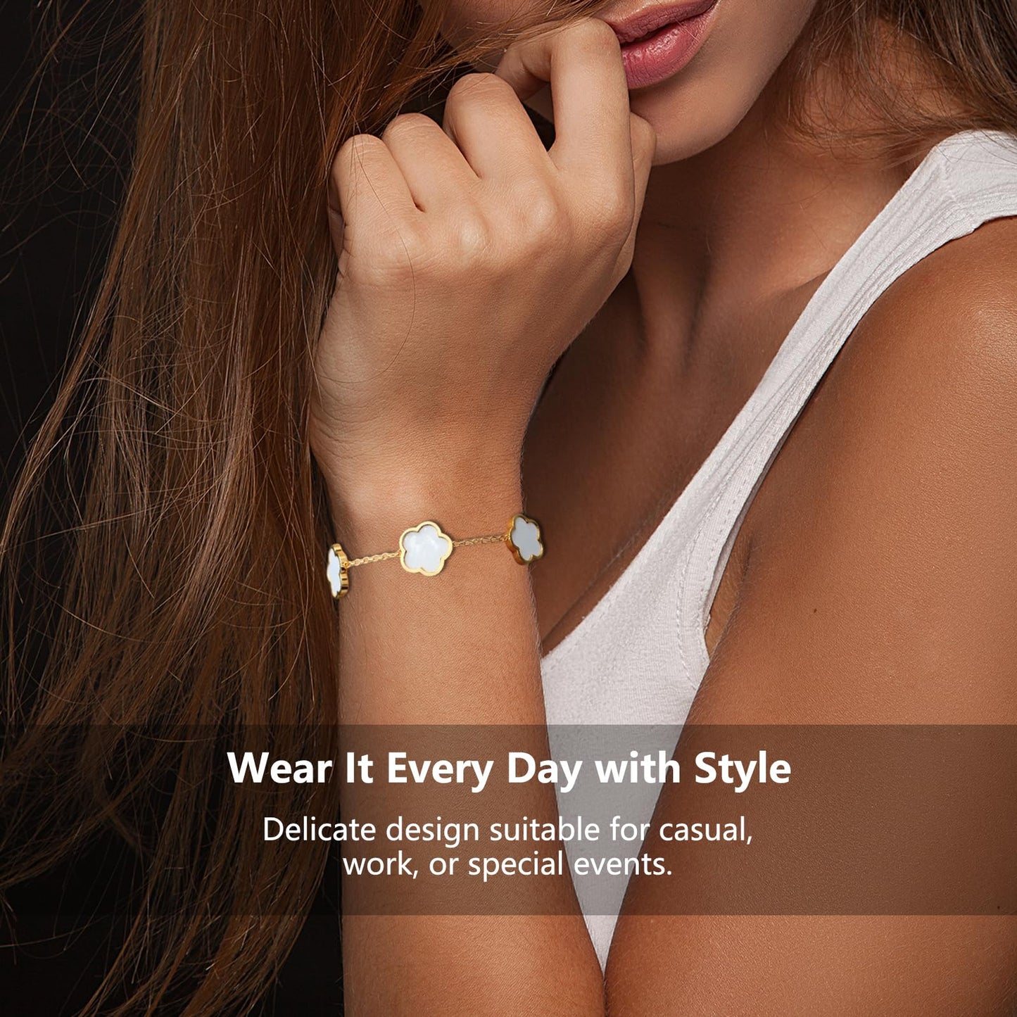 Eclatienne Four Leaf Clover Bracelet for Women – 18K Gold Plated Stainless Steel Lucky Bracelet, Adjustable 4 Leaf Charm Jewelry Gift (White Floral)