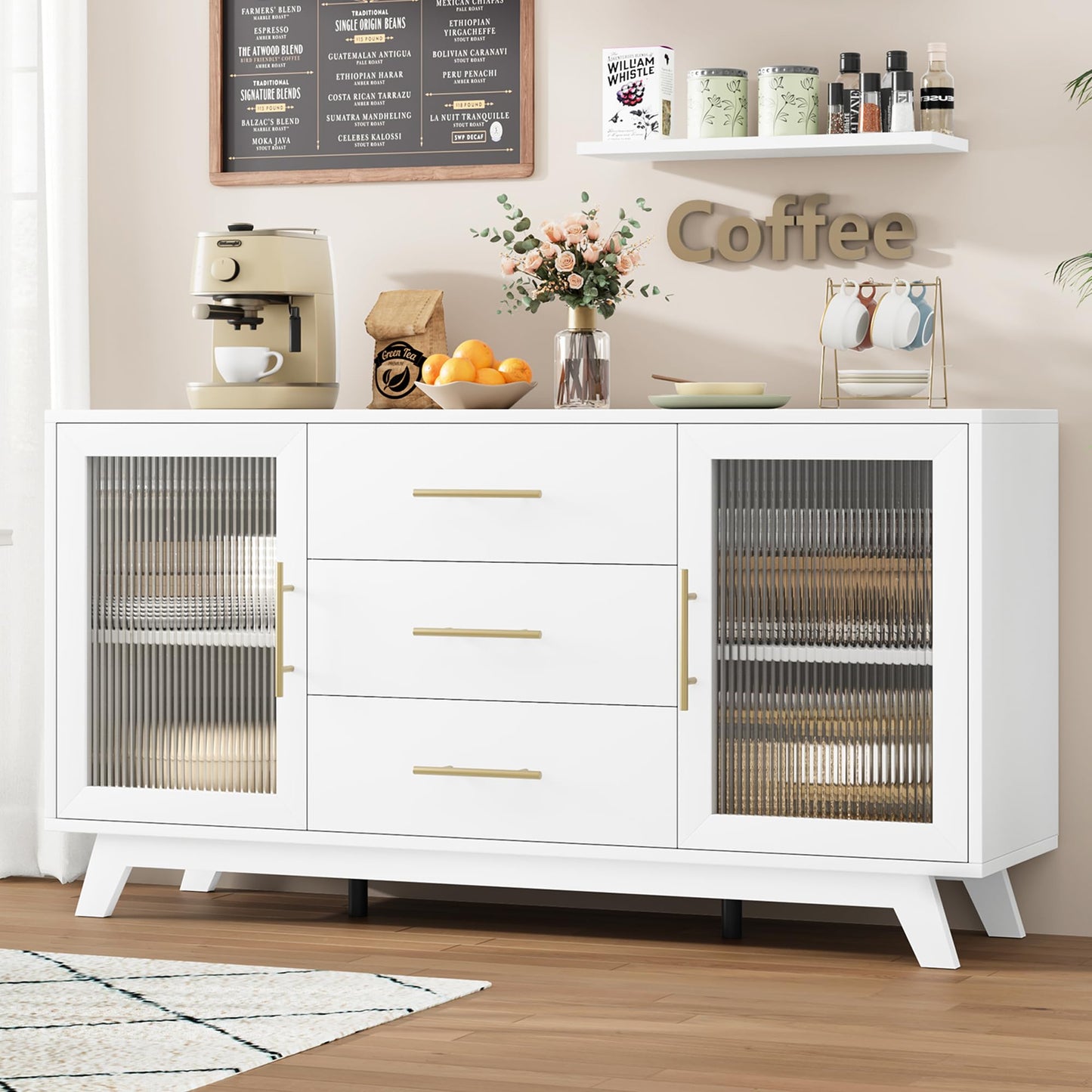 GAOMON Sideboard Buffet Cabinet with 2 Fluted Glass Doors, 56" Modern Coffee Bar Cabinet with 3 Large Drawers, White Long Storage Cabinet for Kitchen Dining Living Room, White Top