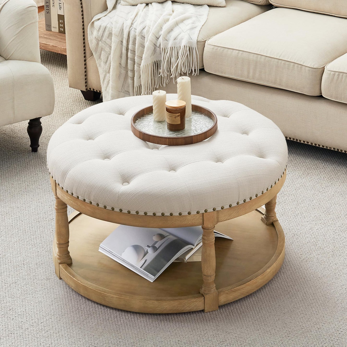 Womina 33" Large Round Ottoman Coffee Table with Storage, Upholstered Button Tufted Linen Footrest Ottoman with Wood Storage Shelf Farmhouse, for Living Room, 350 LBS, Beige