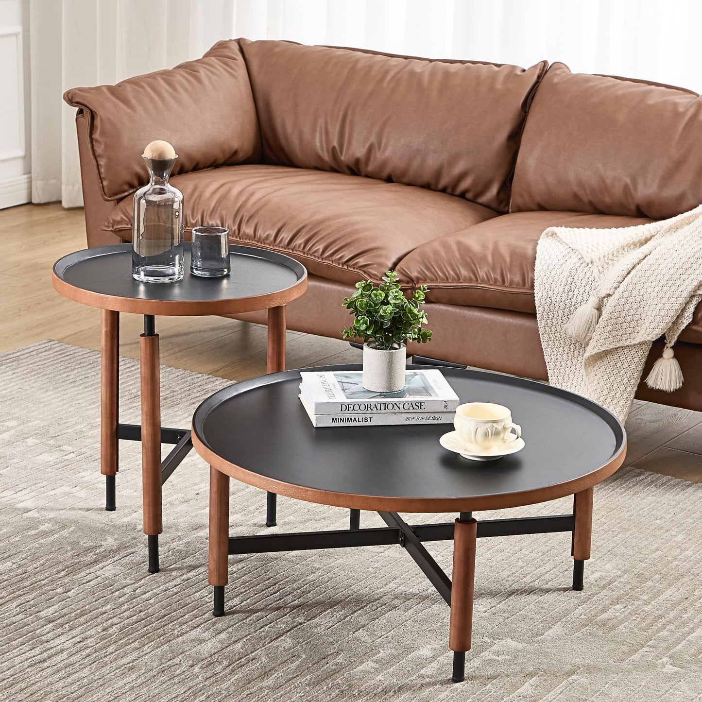 LukeAlon Modern Round Coffee Table for Living Room - Circle Wooden Table Top with Black Cross Legs Base, Rustic, Vintage, Easy Assembly, Black(31" D x 31" W x 13.5" H)