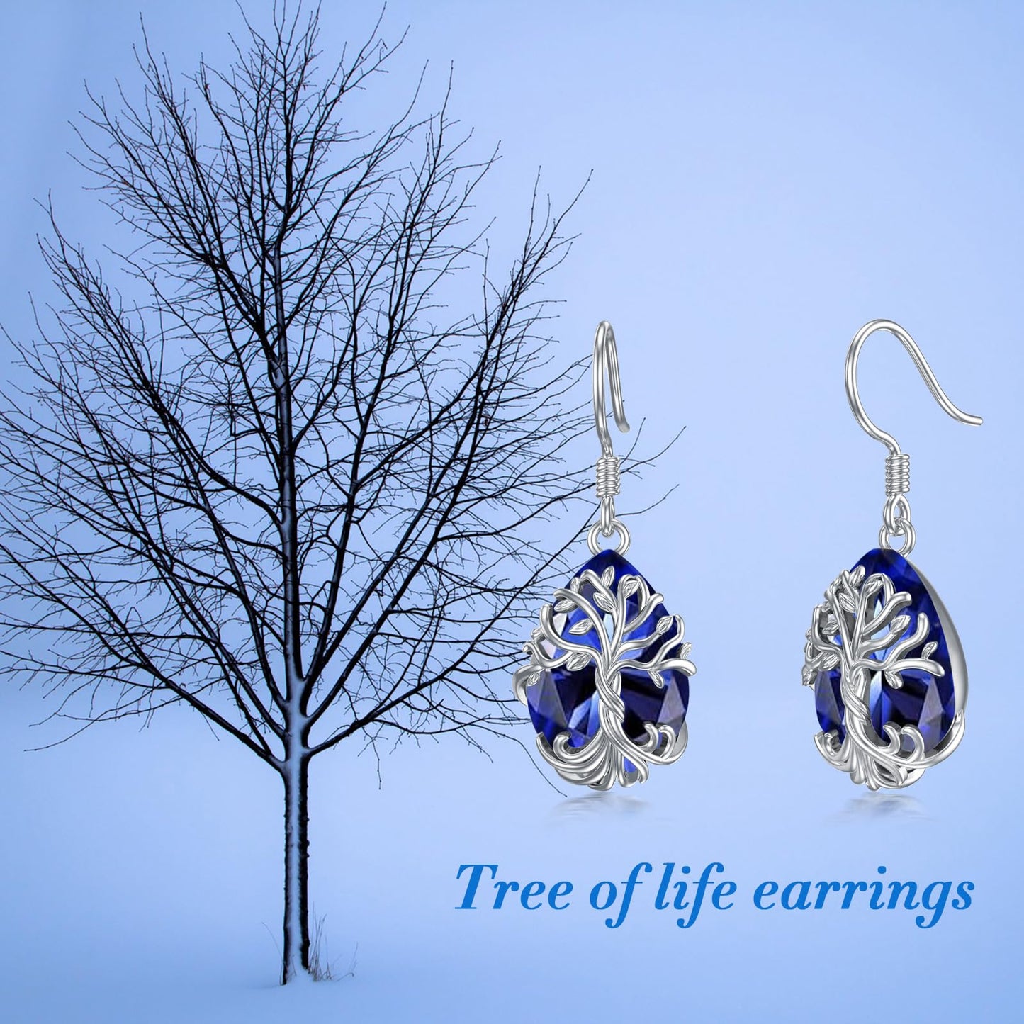 TOUPOP Sapphire Tree of Life Earrings Sterling Silver Teardrop September Birthstone Earrings Family Tree Sapphire Jewelry Birthday Mothers Day Gifts for Women Mom Her