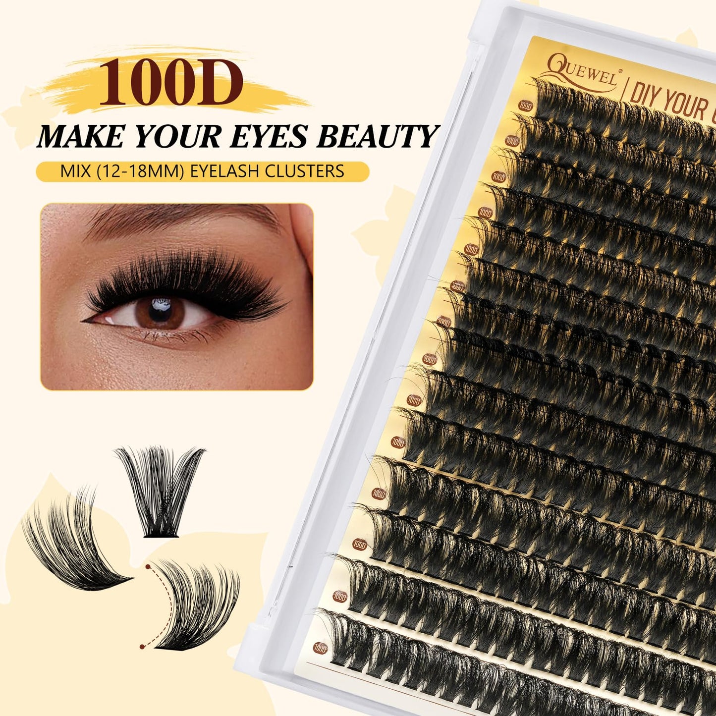 QUEWEL Lash Clusters Kit, 320Pcs 100D Lash Cluster Eyelash Extensions Mix 12-18mm 3D Eyelash Clusters with Lash Bond and Seal and Lashes Tweezers Easily Create 3D Lashes Clusters at Home(100D Kit)