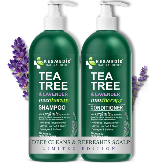 KESMEDIK Tea Tree Lavender Shampoo & Conditioner Set with Mint & Rosemary, Cleanses, Cools & Soothes Dry, Itchy Scalp, Sulfate & Paraben-Free, For All Hair Types, 16 fl oz Each