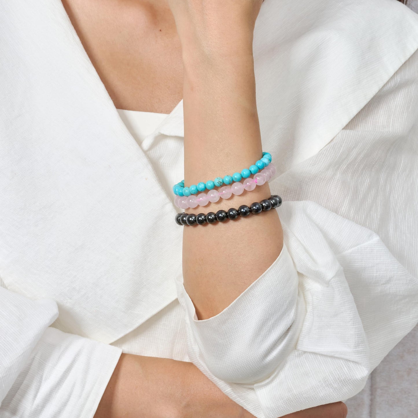 Bivei 3-Piece 8mm Beaded Bracelets for Women – Hematite, Rose Quartz, Green Turquoise – Handmade Natural Crystal Stretch Elastic Jewelry for Meditation, Yoga, Protection Gifts