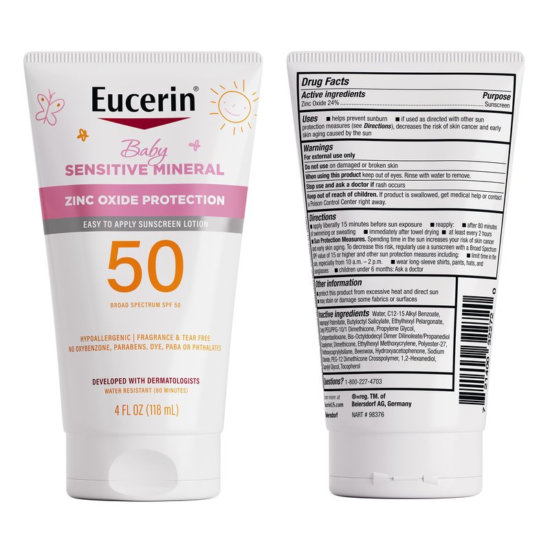 Eucerin Sun Sensitive Mineral Baby Sunscreen Lotion SPF 50 with Zinc Oxide Protection, Hypoallergenic Mineral Sunscreen for Babies, Tear Free and Fragrance Free, 4 Fl Oz Tube