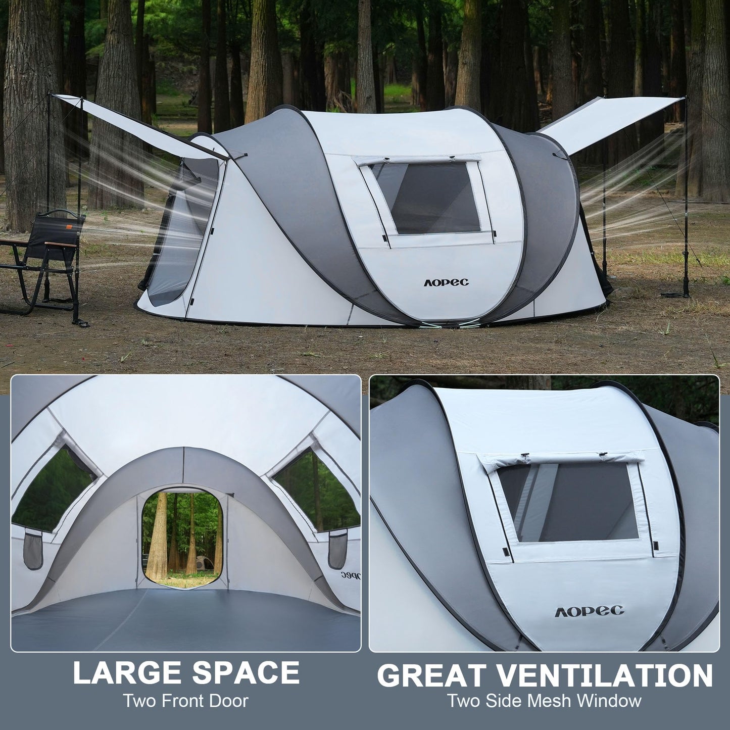 AOPEC Pop Up Camping Tent, 2/4/6 Person Instant Tent Waterproof PU4500mm, Spacious Ventilated Camping Tent with Front Porch, Quick Setup Lightweight Portable for Outdoor Camping Hiking Beach