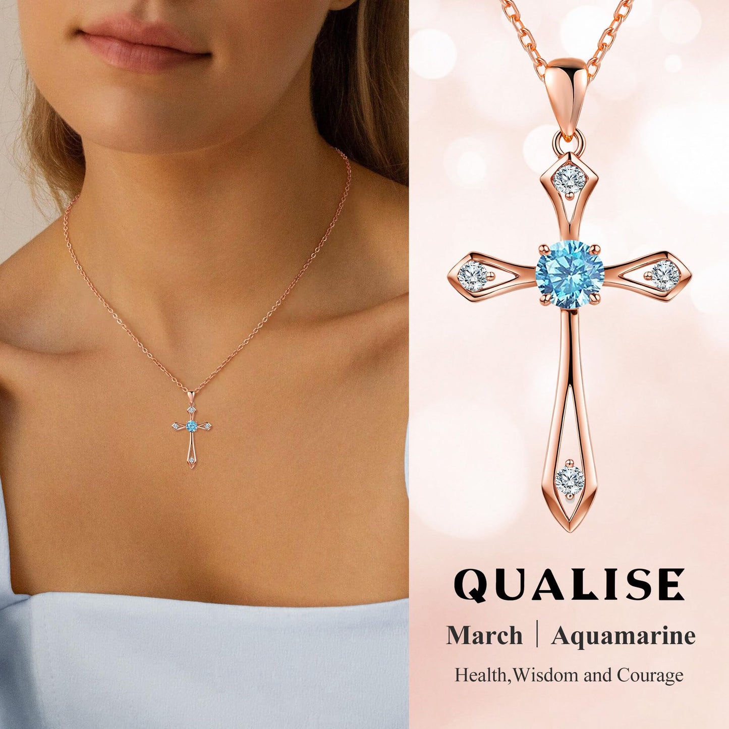 QUALISE Cross Necklace for Women,925 Sterling Silver Birthstone Necklace,Aquamarine-March Birthstone Cross Necklace,Faith Religious Fine Jewelry Valentines Day Gifts Birthday Holiday Gifts for Her