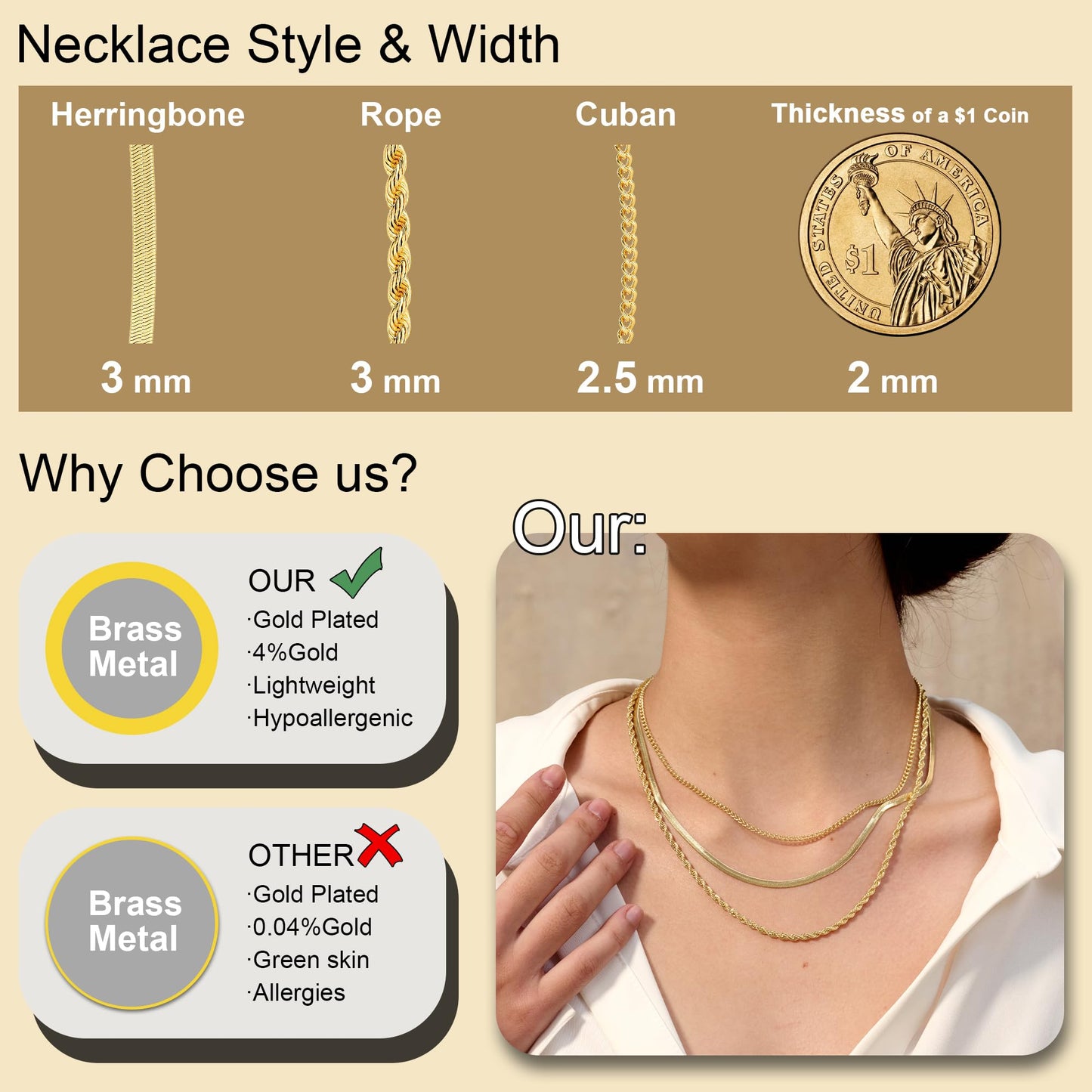 Freekiss Gold Herringbone Necklace for Women: Layered Chain Necklaces Dainty 14k Gold Plated Snake Cuban Rope Choker Necklace Stack Simple Chunky Womens Jewelry Gift