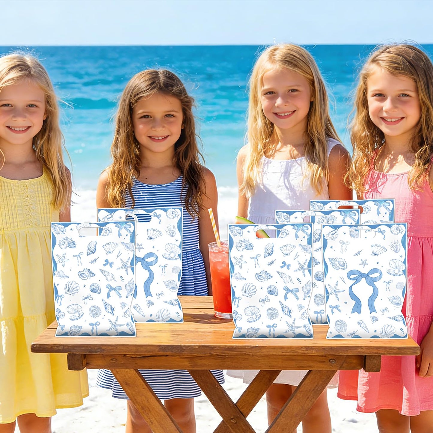 Falueqg Seashell Birthday Party Favors - 50 Pcs Ocean Seashell Beach Goodie Candy Gift Bags Ocean Shell Blue Bow Party Supplies for Summer Wedding Birthday Baby Shower Decorations