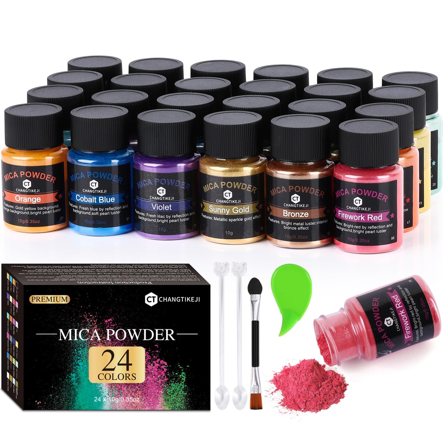 CHANGTIKEJI Mica Powder，24 Colors - 10g/Bottle of Natural Pigment Powder for Epoxy Resin，Soap Making，Candle Making,Lip Gloss,Car Freshies,Dye,Nail Polish,Bath Bombs