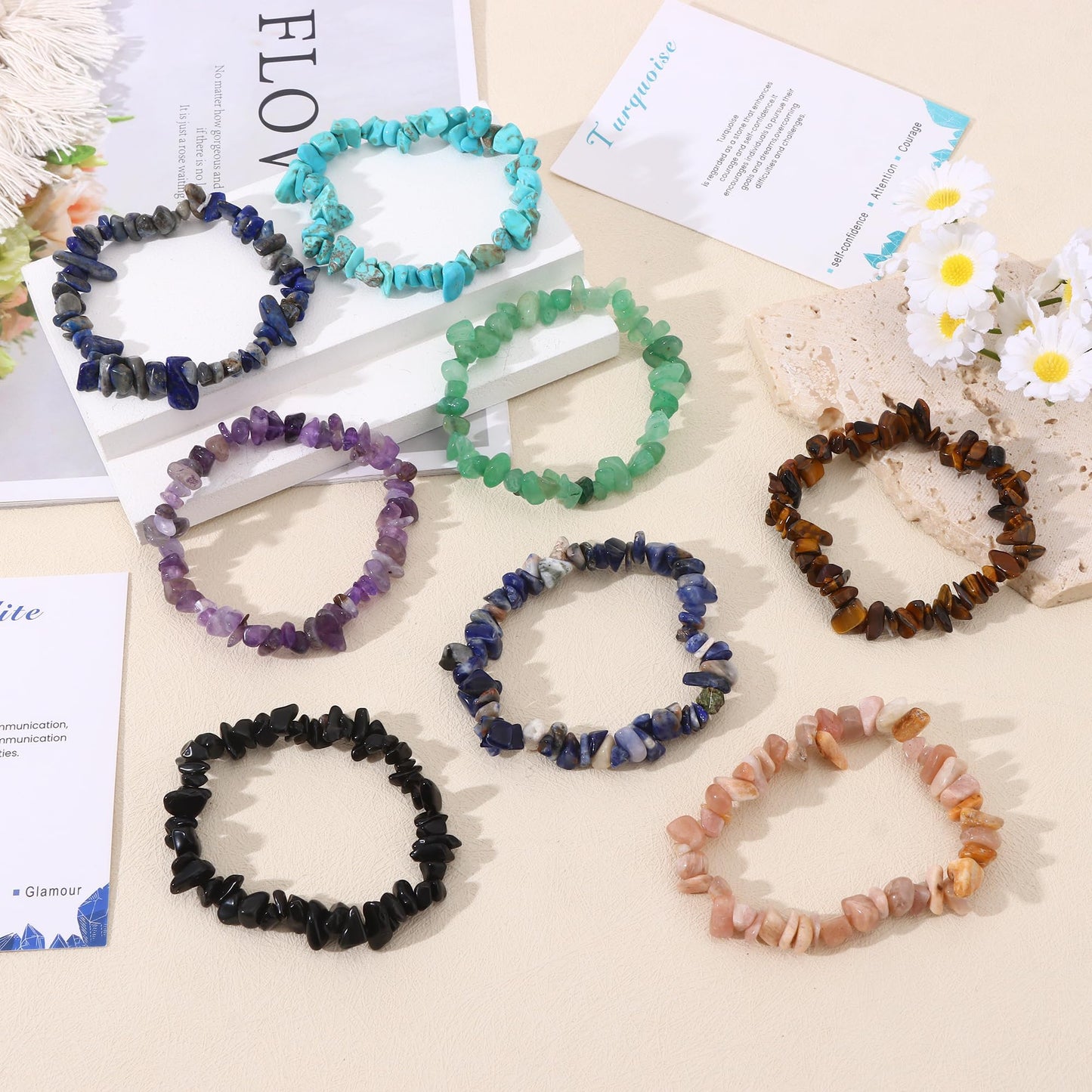 SONNYX 12 PCS Crystals Chip Bracelets Set for Women Natural Gemstone Bracelets Colorful Gravel Bead Bracelets Irregular Chips Beads Bracelet Reiki Stretch Beaded Bracelets Jewelry