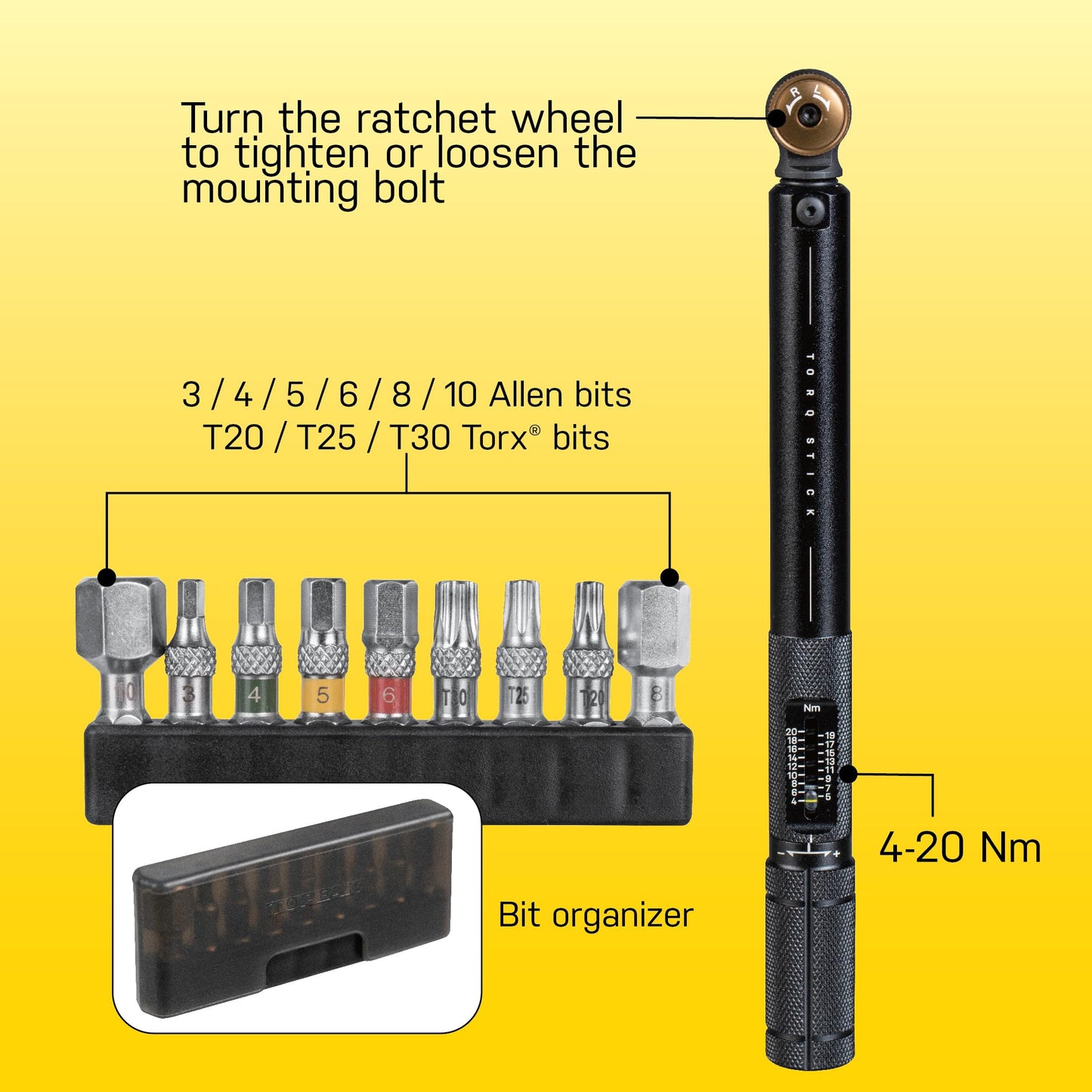 Topeak Torq Stick 4–20 Nm Torque Wrench – Adjustable Preset Torque Tool with Reversible Ratchet, 9 Long Bits (3–10 mm Allen & T20/T25/T30 Torx), +/- 4% Accuracy for Bike Maintenance & Repair