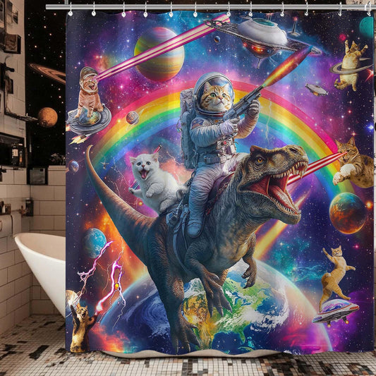 78 Inch Long Funny Cat Dinosaur Shower Curtain Fun Cool Colorful Space Cats Shower Curtains for Bathroom Fantasy Galaxy Universe Anime Kids Waterproof Fabric Bath Curtain Decor 72 X 78 Inch