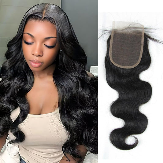 4x4 Lace Closure Body Wave - Transparent HD Free Part Invisible Lace Closure 100% Brazilian Virgin Human Hair Pre Plucked with Baby Hair Natural Black 12A Grade (16 Inch)