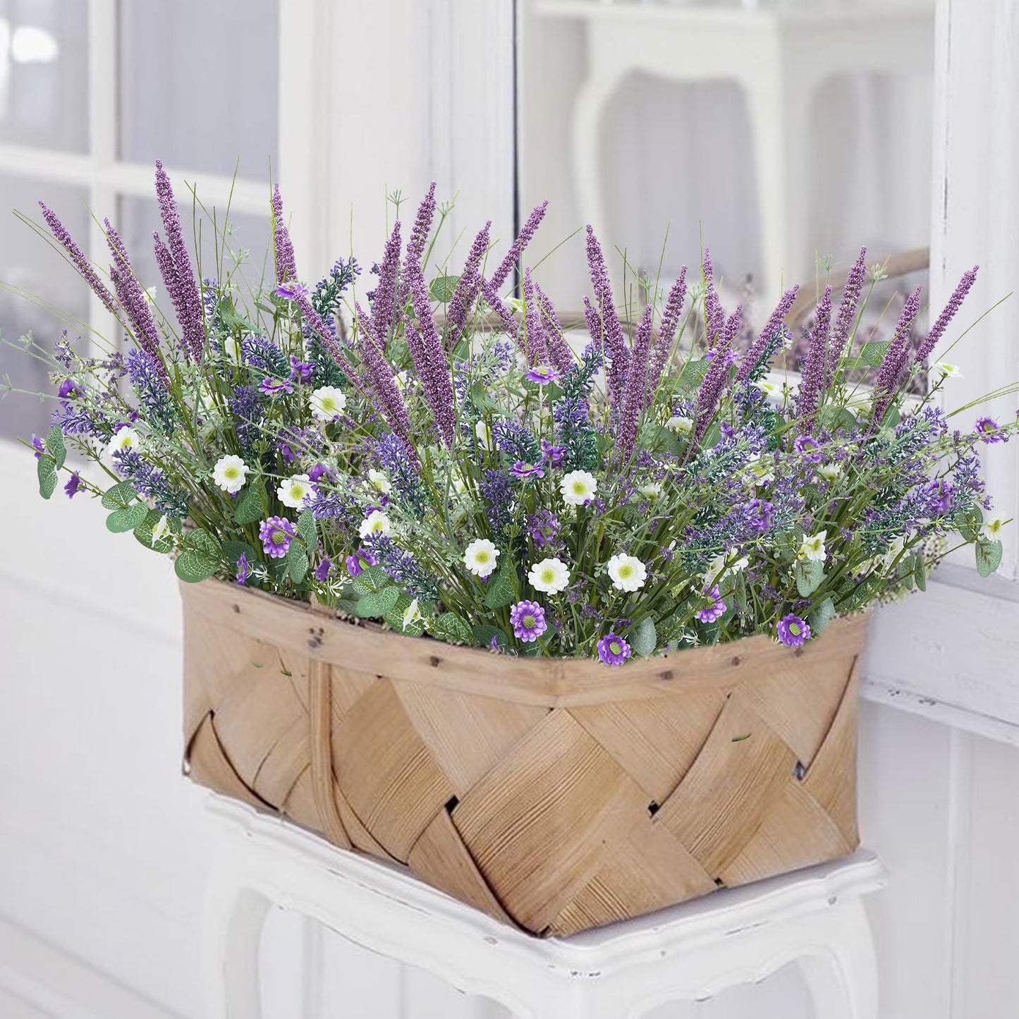 HO2NLE 19.6" Fake Lavender Flowers Artificial Purple 5Pcs Faux Florals Plastic Flowers with Daisies Bulk Bush Spring Summer for Garden Porch Table Centerpieces Home Kitchen Wedding Decorations