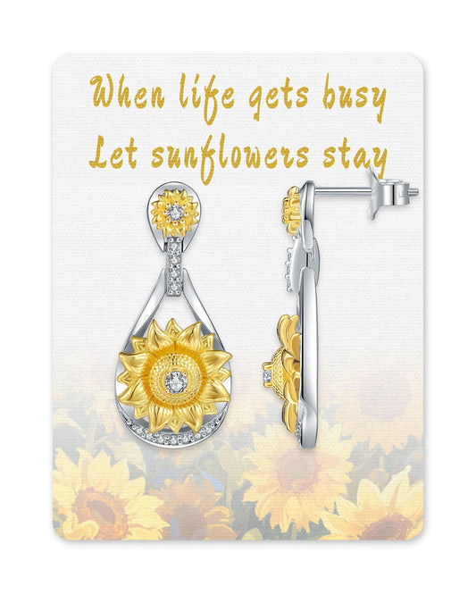 925 Sterling Silver Sunward Sunflower Teardrop Dangle Earrings for Women,Two-Tone (Platinum & 18K Gold Plated) with Cubic Zirconia, Hypoallergenic Floral Jewelry for Mother's Day, Birthday, Anniversary, Christmas Gifting Occasions
