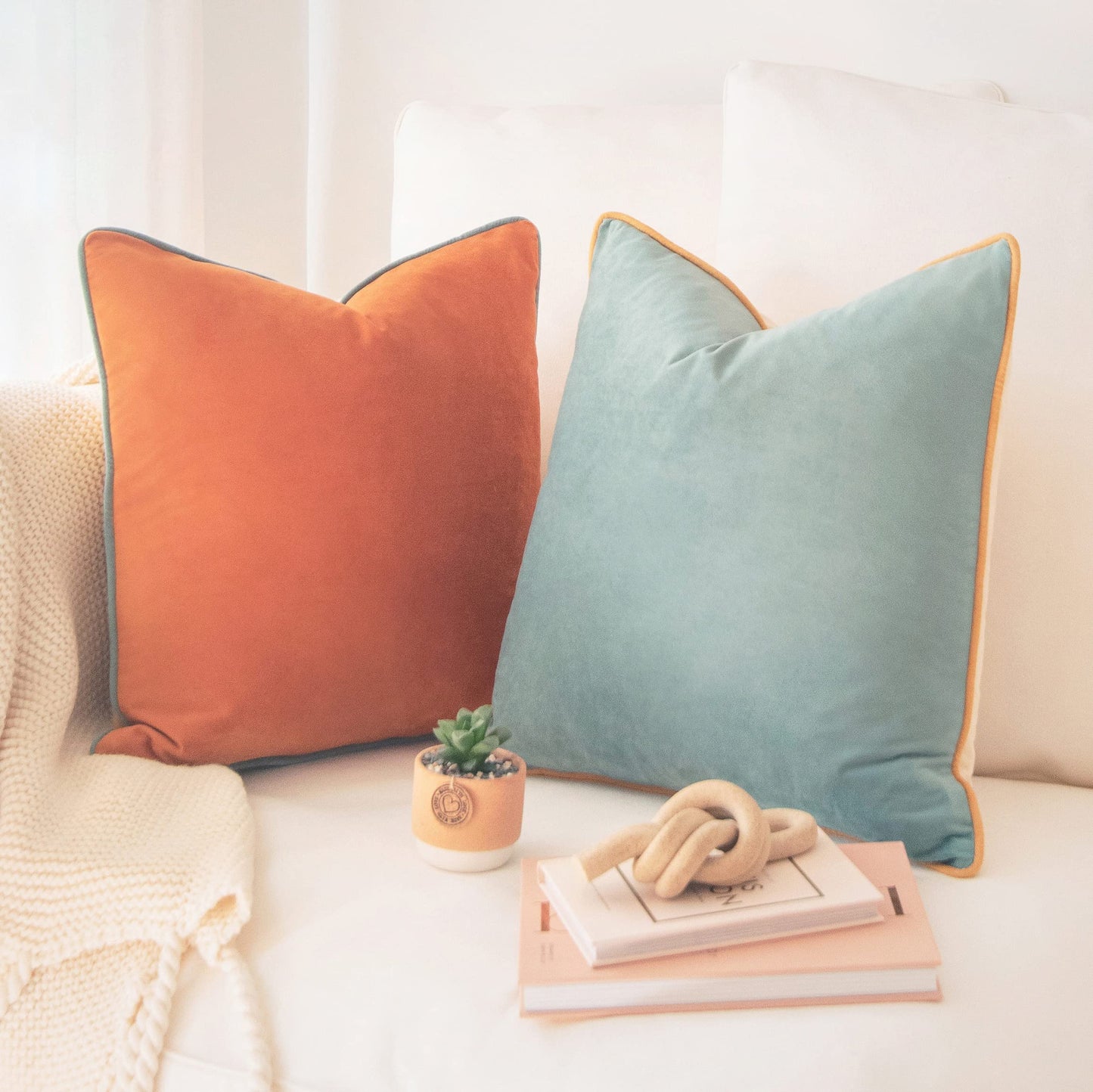 MONDAY MOOSE Decorative Throw Pillow Covers Cushion Cases, Set of 2 Soft Velvet Modern Double-Sided Designs, Mix and Match for Home Decor, Pillow Inserts Not Included (18x18 inch, Orange/Teal)