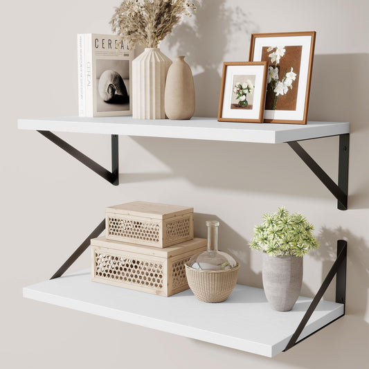 Acovy Deep Floating Shelves,24" Wx10 D Floating Shelf for Wall Set of 2,Hanging Storage Shelf with Metal Brackets,Wide Display Wall Shelves for Living Room,Bedroom,Bathroom,Kitchen,White