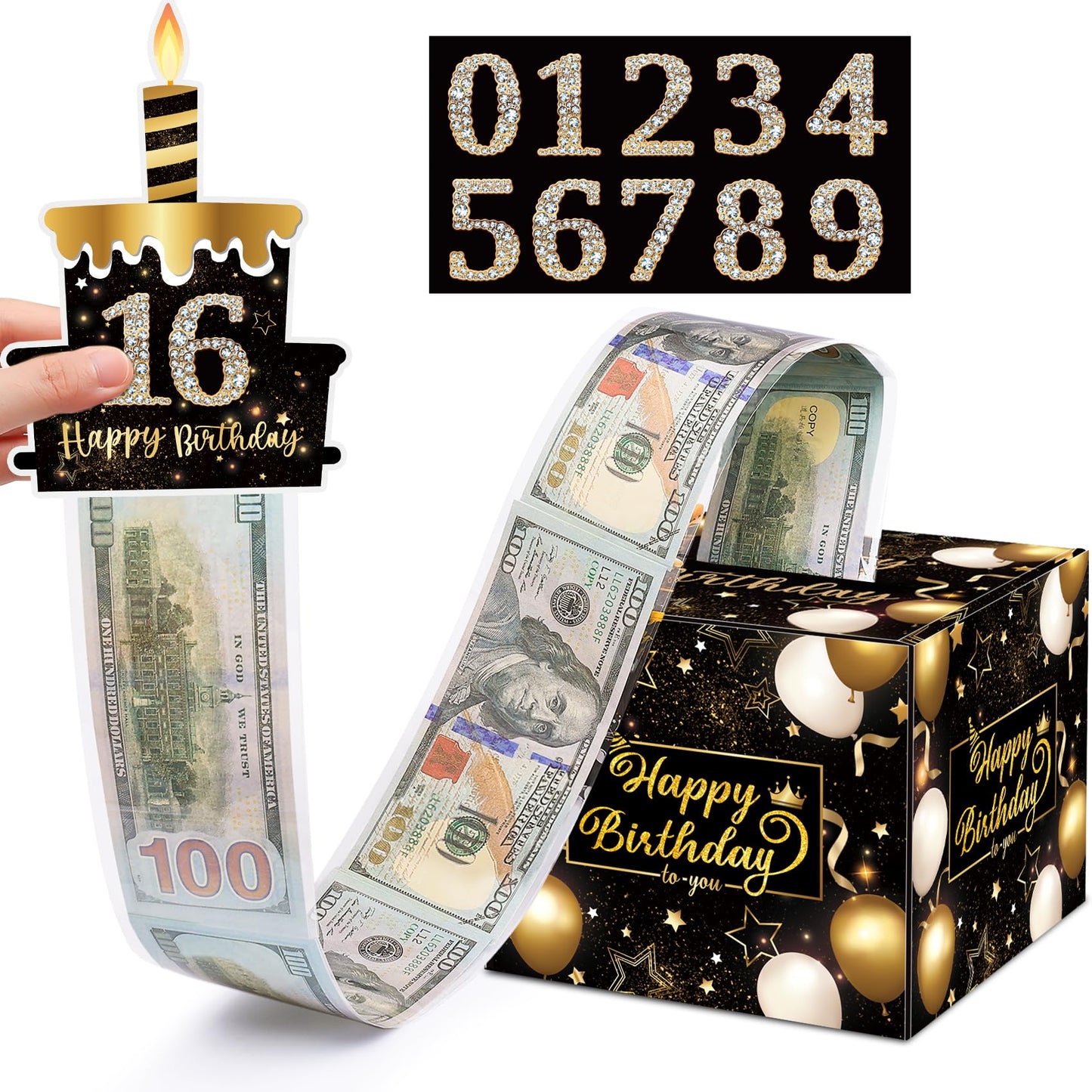 Meiidoshine Birthday Money Gift Box with DIY Stickers for Any Age, Surprise Money Boxes for Cash Gift with Pull Out Happy Birthday Day Card and 50Pcs Transparent Bags