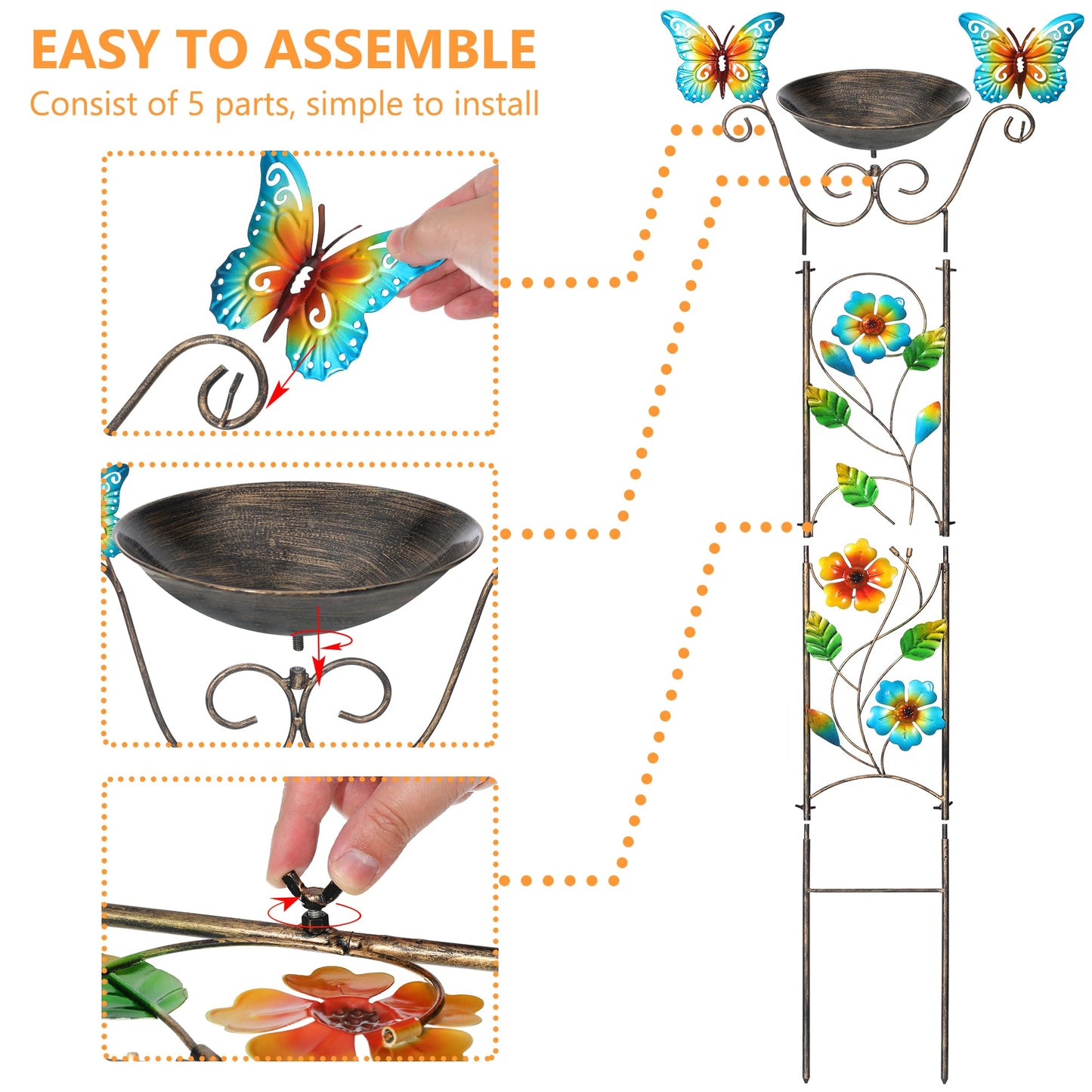 LEWIS&WAYNE Garden Trellis Bird Bath Outdoor, 40 Inch Antique Iron Garden Plant Trellis Decorative with Floral-Butterflies and Detachable Drinking Basin Bowl, Free Standing BirdBath Birdfeeder Station