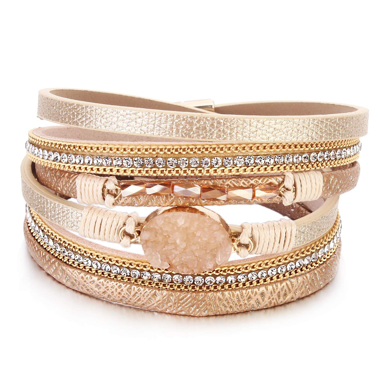 FANCY SHINY Boho Leather Wrap Bracelet Stackable Chunky Crystal Cuff Bracelets with Magnetic Clasp Cowboy Cowgirl Western Summer Beach Outfits Jewelry Gifts for Women (14.7", Gold)