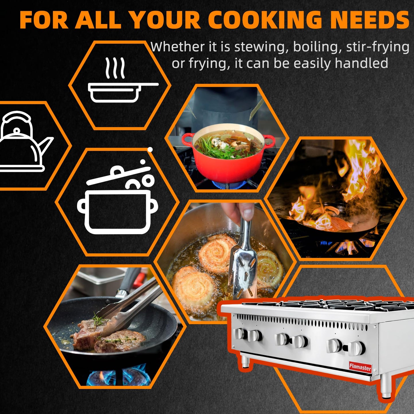 6 Burner Commercial Hot Plate, 36" Countertop Gas Stove Stainless Steel Natural Gas Range with Propane Conversion Kit Cooking Equipment for Restaurant Kitchen-150000 BTU
