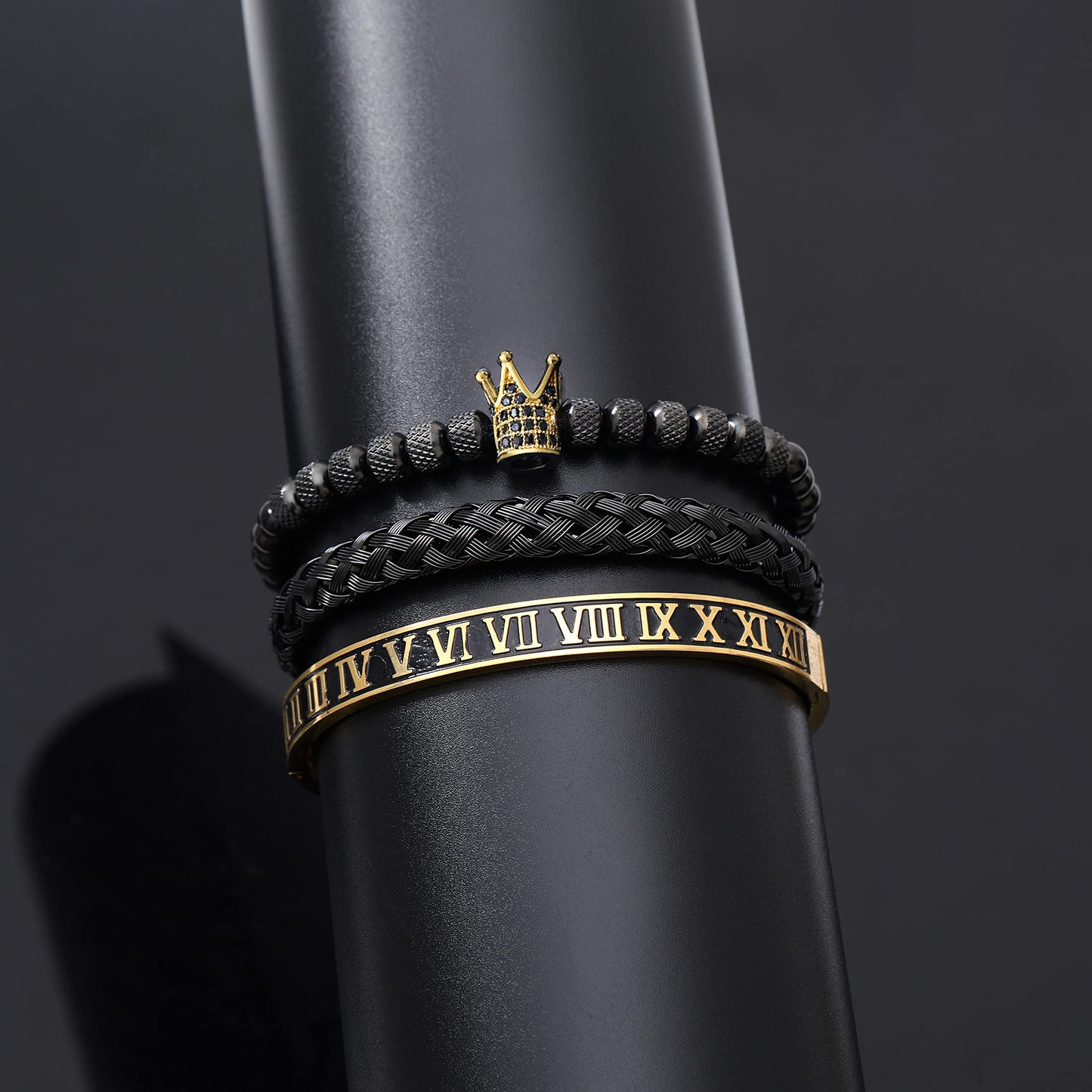 WFYOU 3PCS Stainless Steel Bracelets for Men Gold Roman Numeral Bangle Bracelet Twisted Cable Bracelet Adjustable Cuff Bracelet Mens Luxury Jewelry Bracelets Gifts(I:Gold&Black)