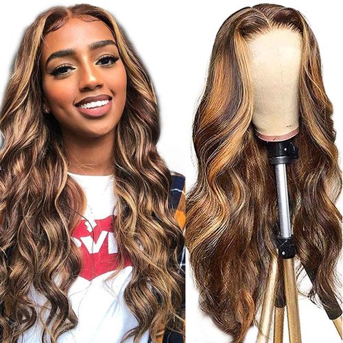 LAPONDAI Highlight Ombre 13x4 HD Lace Front Wig Human Hair Pre Plucked Transparent 4/27 Honey Blonde lace frontal Wigs with Baby Hair 150% Density Colored Lace Front wig Human Hair for Women 28 Inch