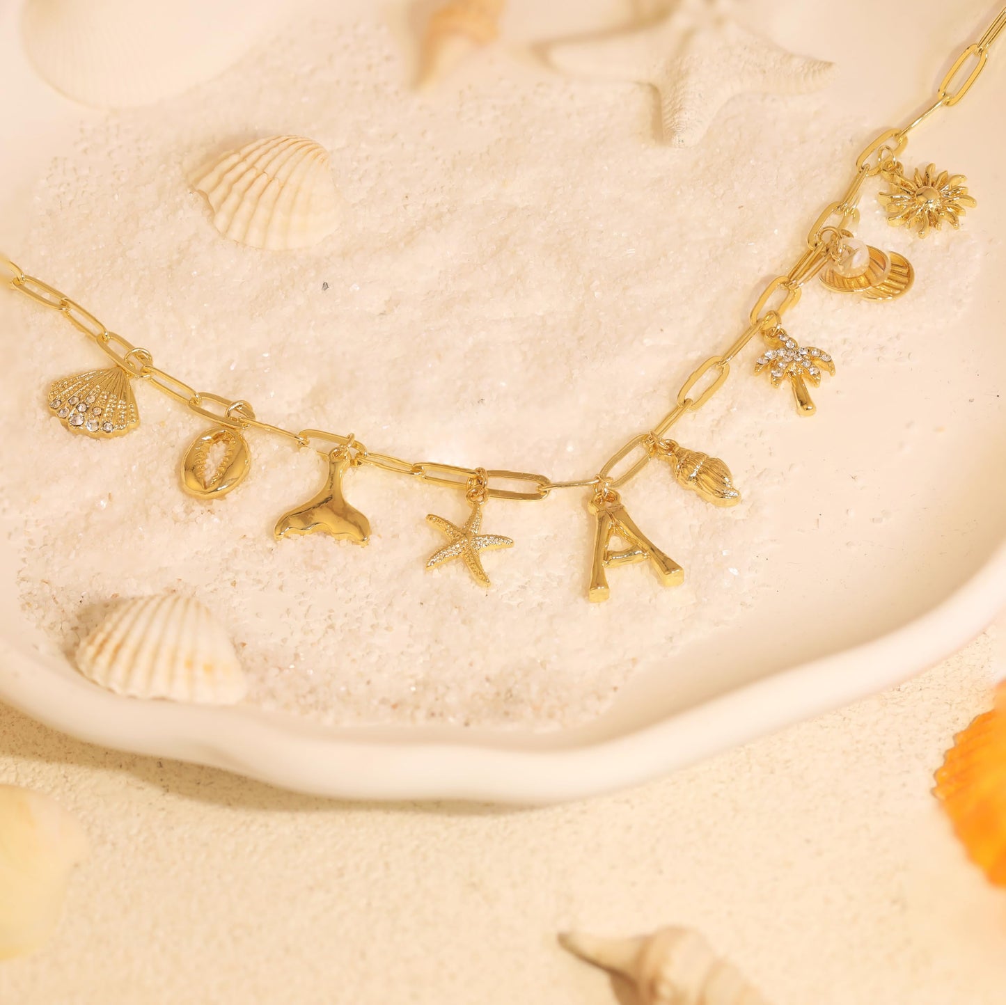 JALZEMPL Initial Charm Necklaces For Women Shell Letter Paperclip Chain Seashell Starfish Beach Summer Pendant Boho Surfer 14K Gold Plated Jewelry Gift (V)