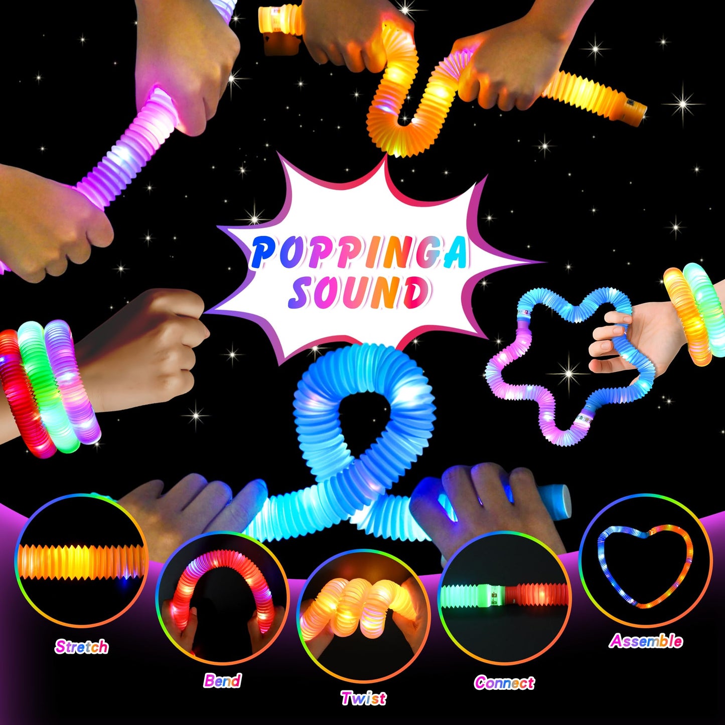 AUTOKAKUM Halloween Glow Sticks Toys for Toddler Kids,24 pcs LED Light Up Pop Tubes Necklaces Bracelets, Camping Glow the Dark Party Supplies, Sensory Toys for Birthday Christmas Gift (24 pack)