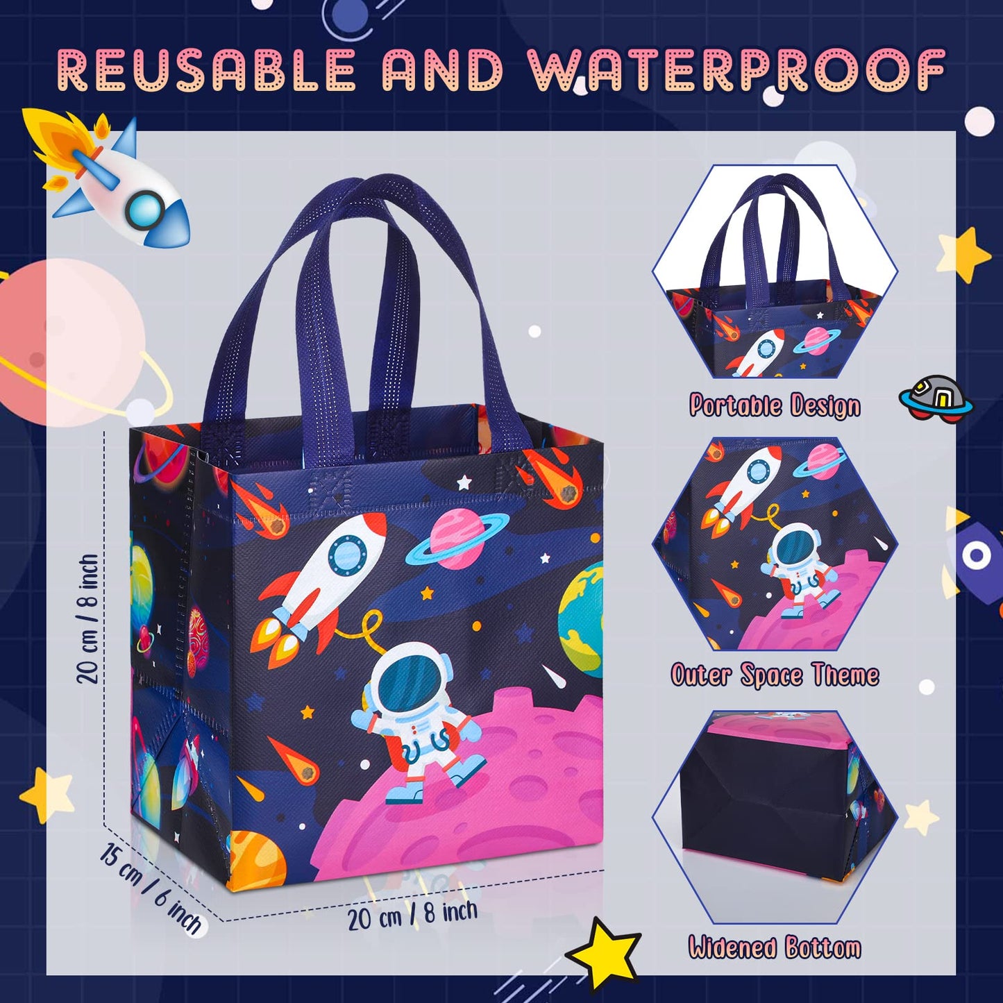 Kigeli 18 Pcs 6 Style Space Goodie Bags, Space Party Favors Large Non-woven Gifts Bags with Handles, Astronaut Planet Rocket Goodie Candy Tote for Baby Shower, Galaxy Theme Birthday Party Supplies