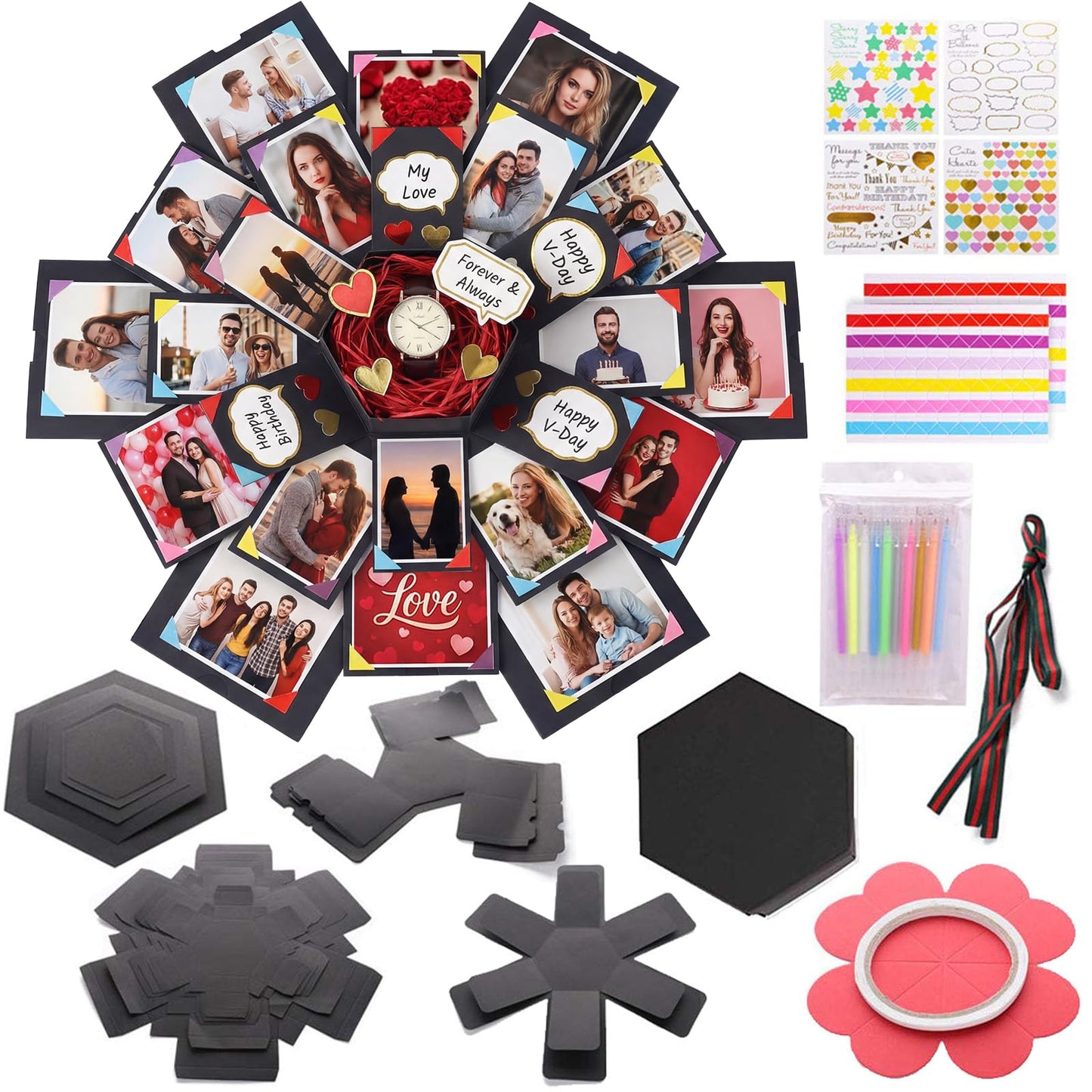Koogel Explosion Gift Box DIY Exploding Photo Album Preassembled Surprise Picture Pop Up Love Box Gift Set with Scrapbooking Accessories Creative Photo Album gifts for Anniversary Wedding