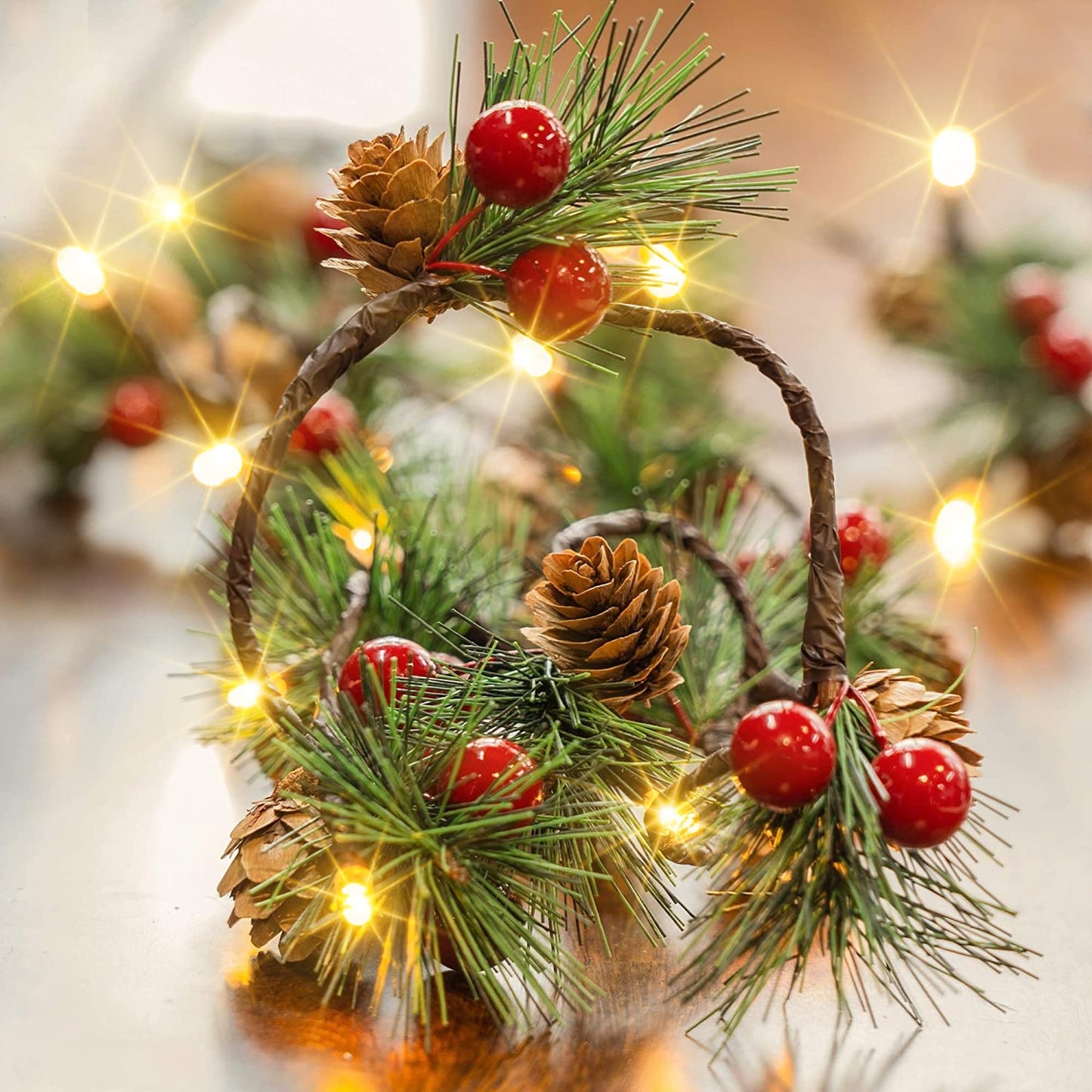 Dazzle Bright 2 Pack Pine Cone Christmas String Lights, Total 13FT 40LED Battery Operated Christmas Garland with Red Berry Pine Cone Fairy String Lights for Indoor Outdoor Xmas Decorations