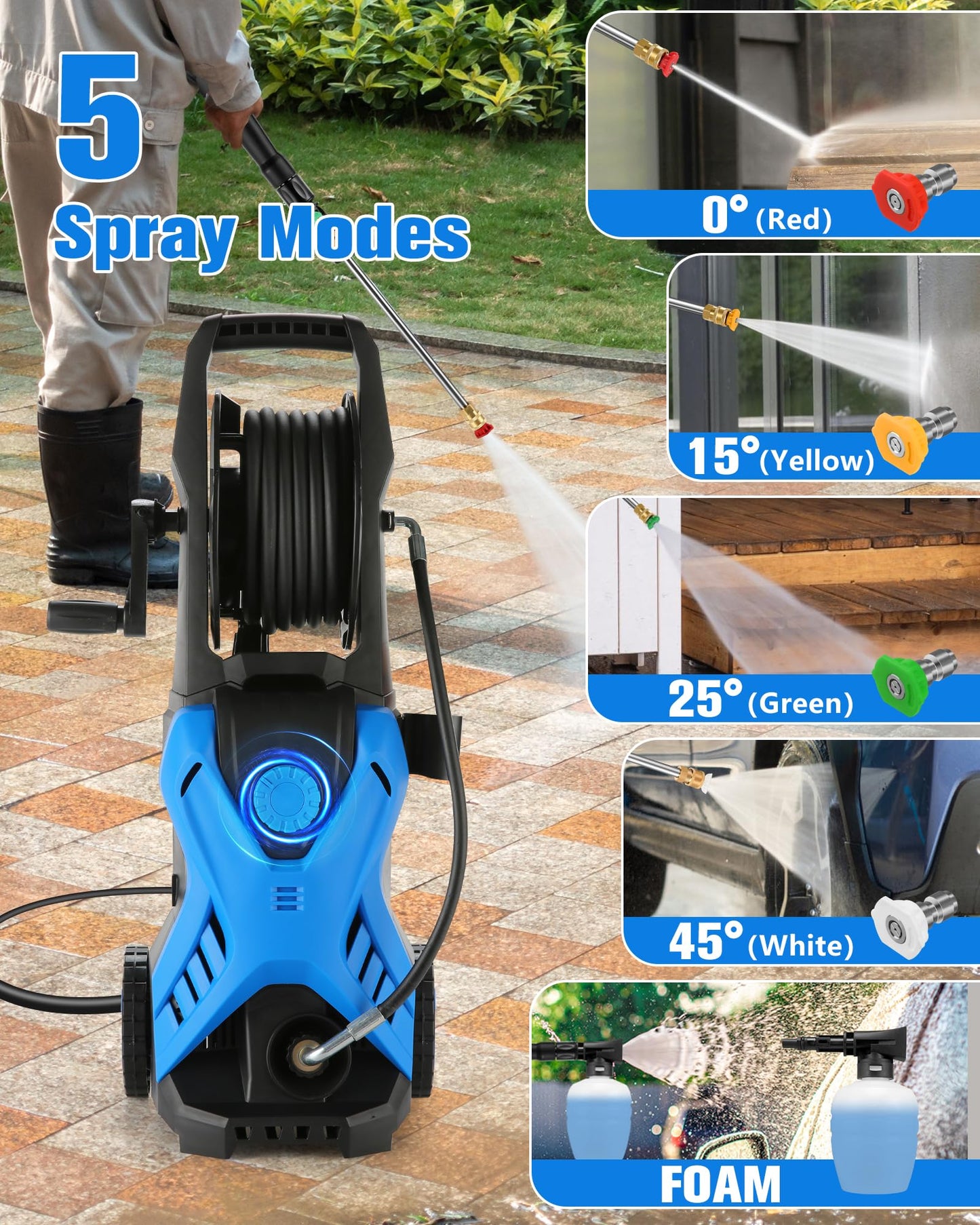 Electric Pressure Washer, 2.8 GPM High Power Washer Adjustable Pressure 2500PSI-5000PSI with 33FT Extension Hose Reel, 4 Nozzles and Soap Bottle for Cars/Fences/Driveways