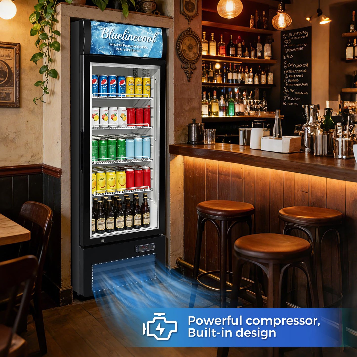 Bluelinecool Commercial Refrigerator Beverage Cooler, 12.5 Cu.Ft Display Refrigerator with Glass Door, Drink Fridge with Led Light, 4 Adjustable Shelves, Merchandiser Refrigerator for Beer, Bar, Shop