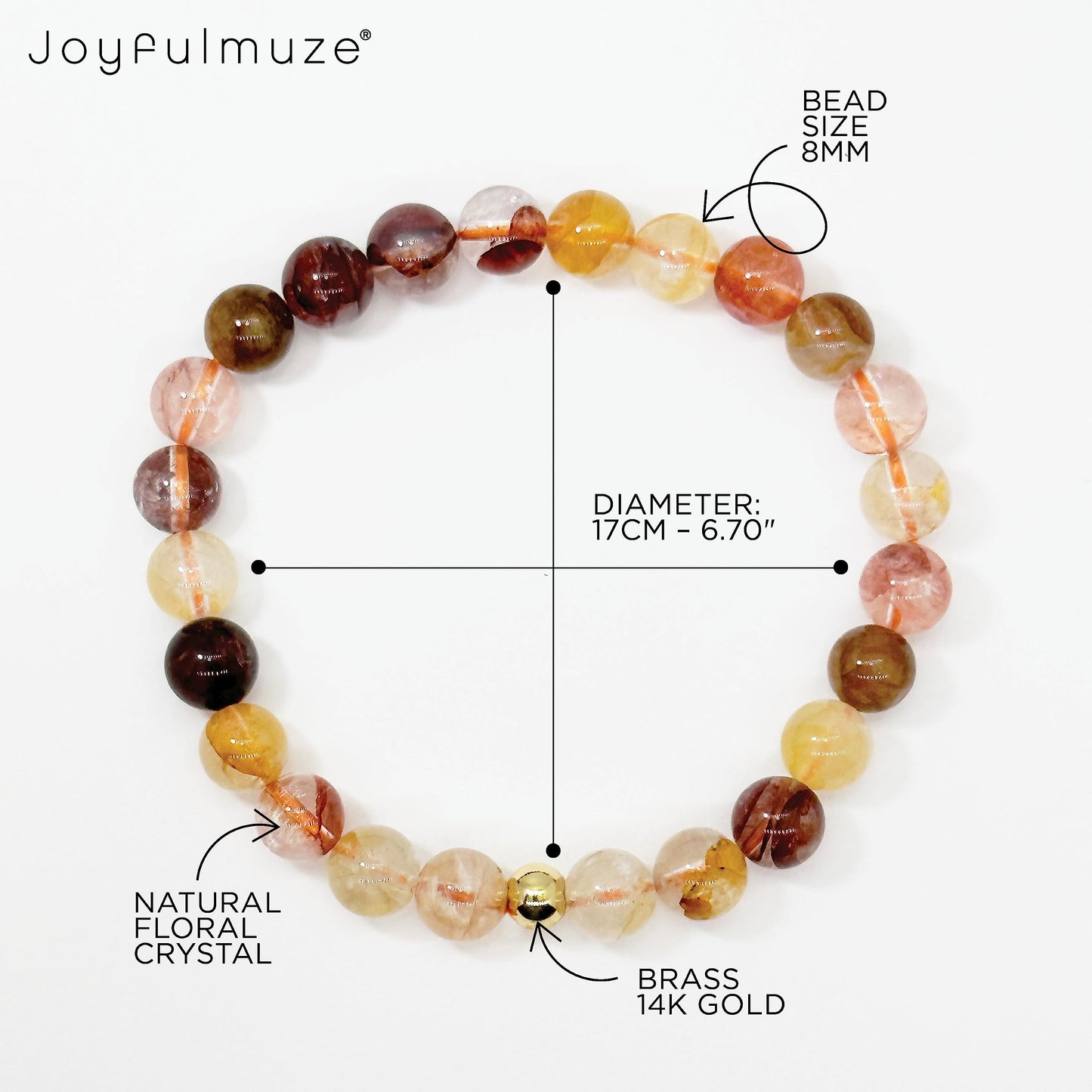Joyfulmuze Natural Floral Crystal, Pink Yellow Orange Summer and Fall Stretch Bracelet, Handmade Gift for Women and Men, Round Beads 8mm 7" wrist (Floral-Crystal)