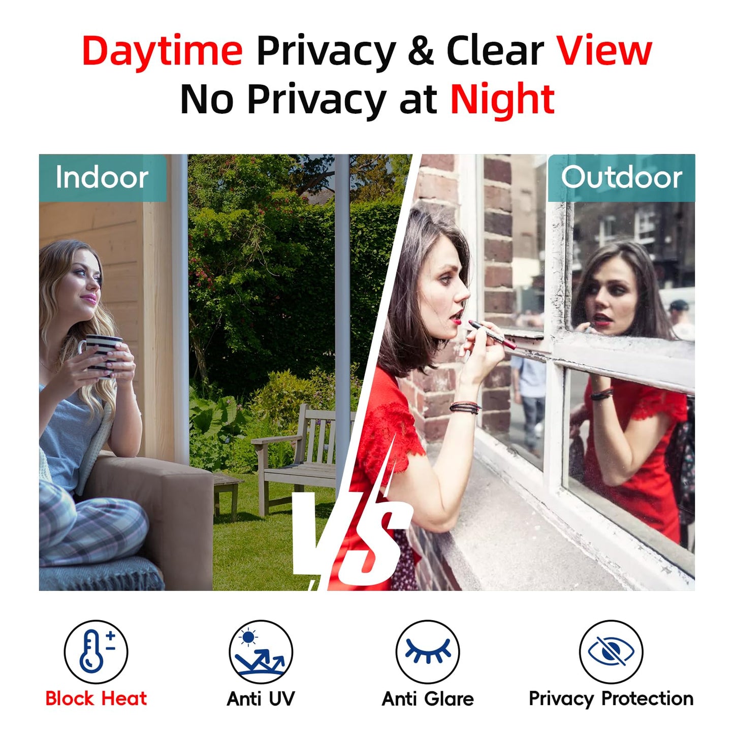 One Way Privacy Window Film Sun Blocking, Heat Blocking Window Tint for Home See Out But Not in, Static Cling & Anti UV, Black-Silver,35.4 Inch x 393.7 Inch