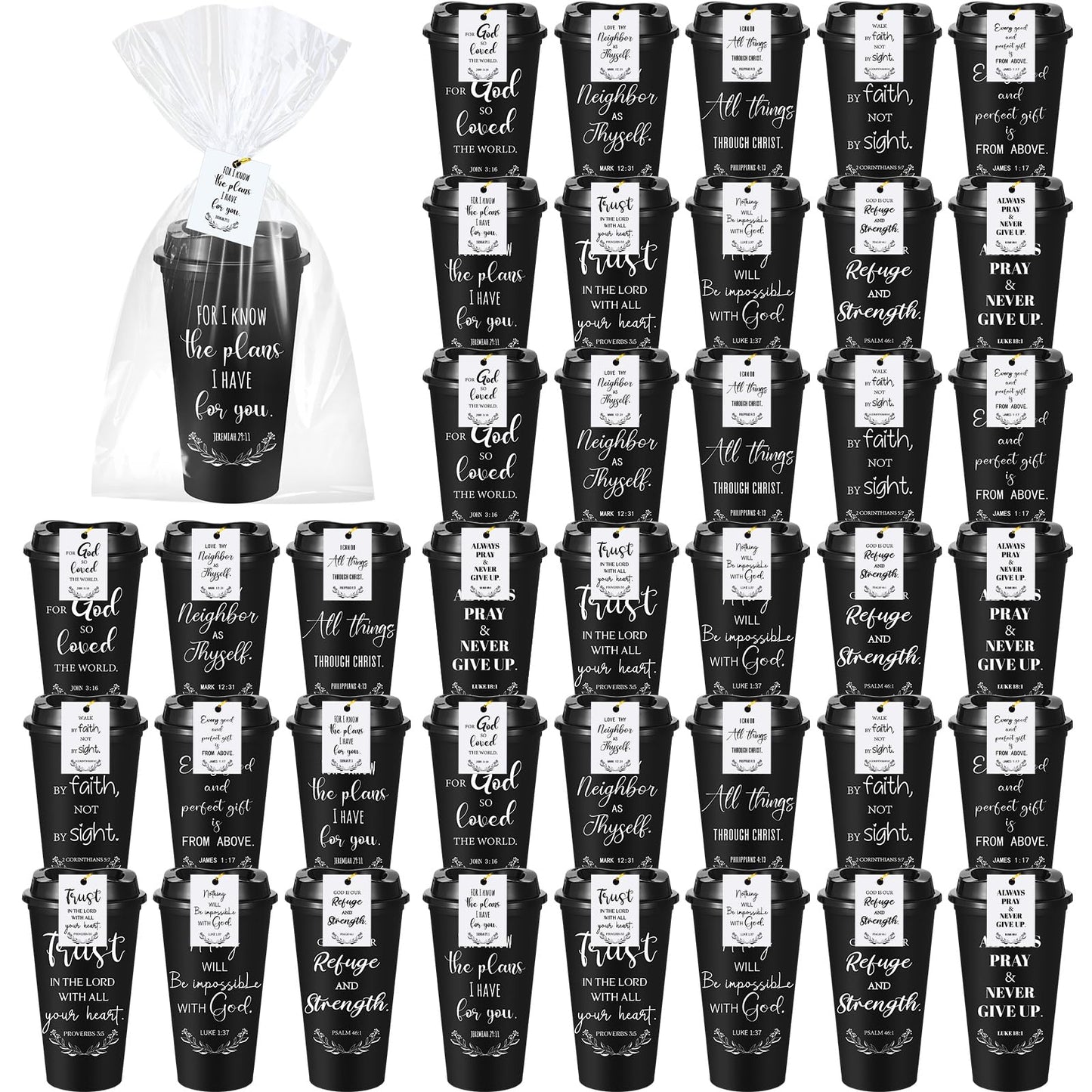 LemonRoad 40 Sets Christian Gifts Bulk 16oz Reusable Bible Verse Coffee Cups with Lids Cards and Gift Bags Inspirational Religious Gifts for Church Party (Black)