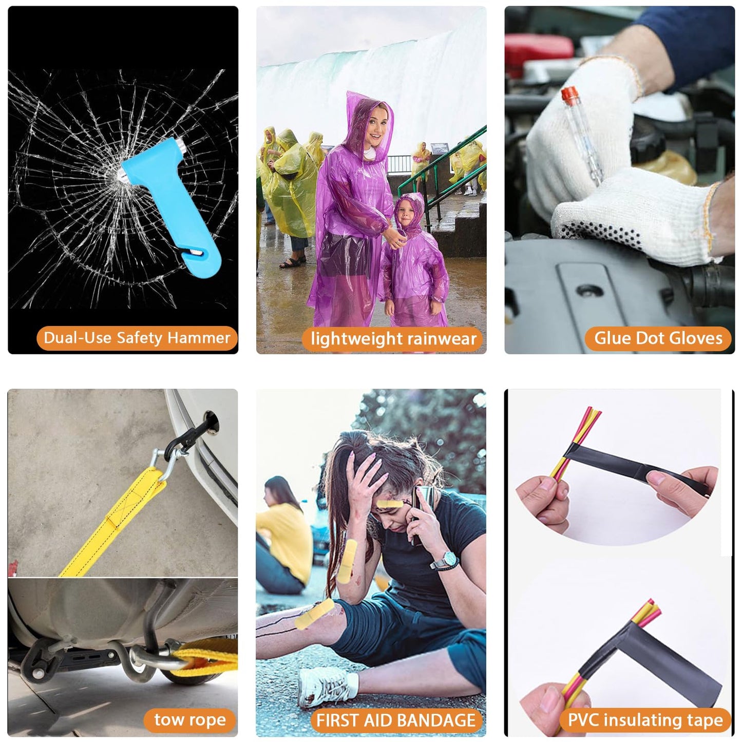 LIANXIN Car Emergency Roadside Tool Kit, Auto Emergency Kits Vehicles, with Jumper Cables kit，Car Safety Roadside Assistance Kit,Headlamp,Tow Straps,Safety Hammers,Rainwear,Gloves.Sky Blue