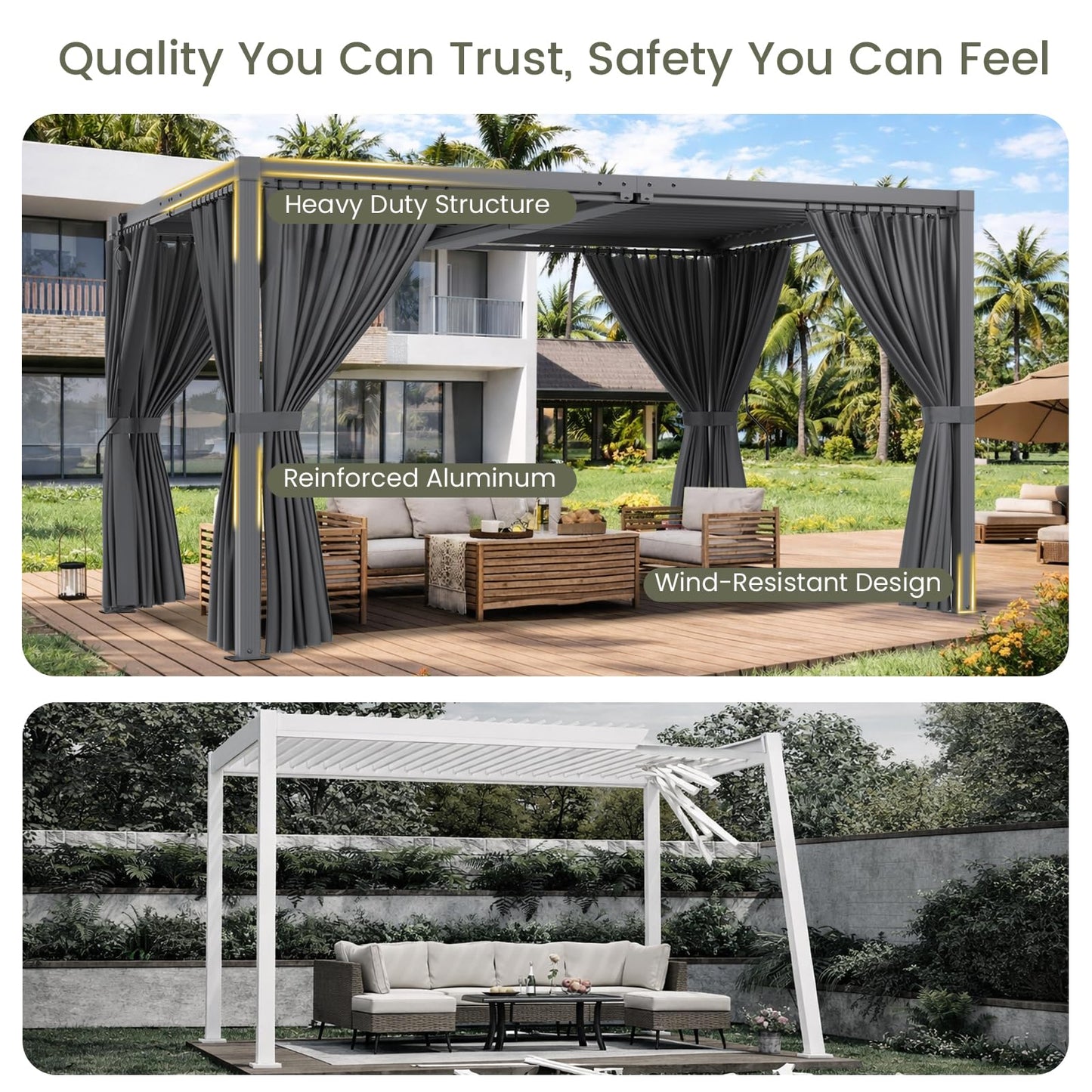 SAILARY Louvered Pergola 12' x 16' with Waterproof Curtains, Outdoor Aluminum Pergola with Reinforced Steel Roof, Heavy-Duty Hardtop Gazebo, Privacy Shaded Shelter, Grey