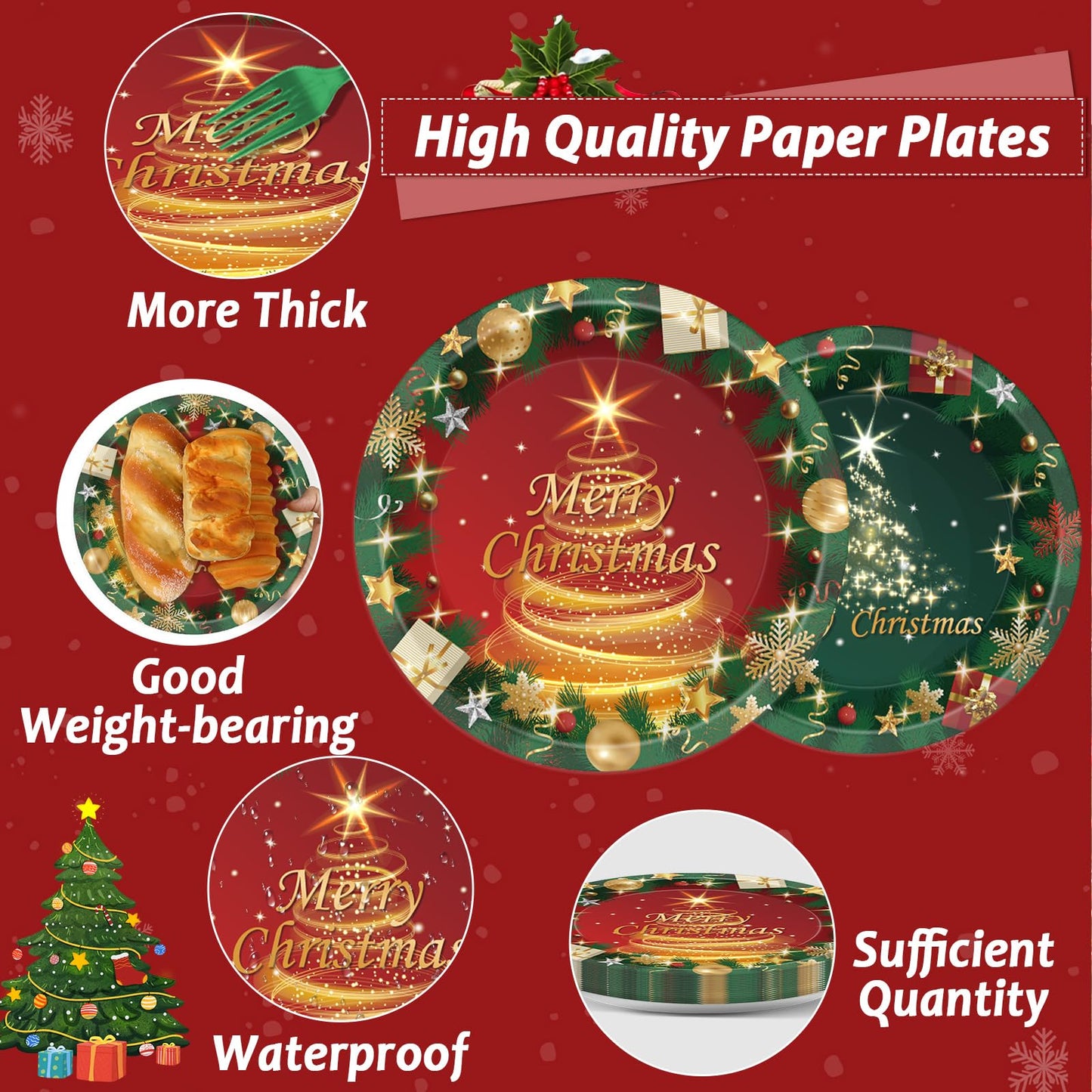 96PCS Christmas Party Supplies - Paper Plates & Napkins in Red & Green - Serves 24 - Xmas Tree Party Decorations & Favors
