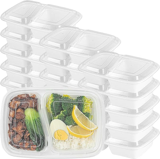 Restaurantware Asporto 32 Ounce Compartment Take Out Boxes 100 Microwavable Meal Prep Containers - 2 Compartments With Clear Plastic Lids White Plastic Food Containers Do Not Contain BPA