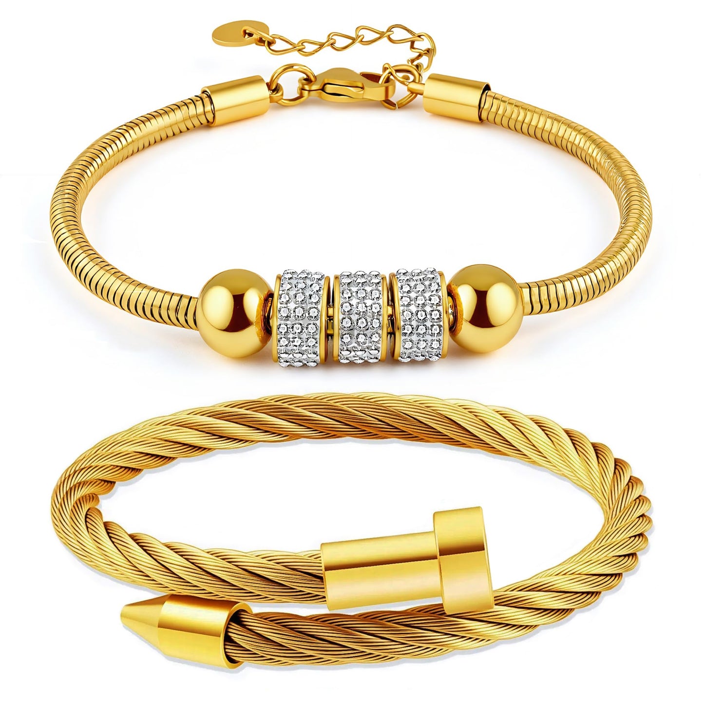 LCTrusttmor Gahna 18K Gold Plated Bangle Bracelet for Women, Non-Tarnish Stackable Nail Bracelets Set, Dainty Adjustable Cubic Zirconia Snake Chain With Beaded, Trendy Jewelry Mother's Day Birthday Gifts for Lover Mom Her