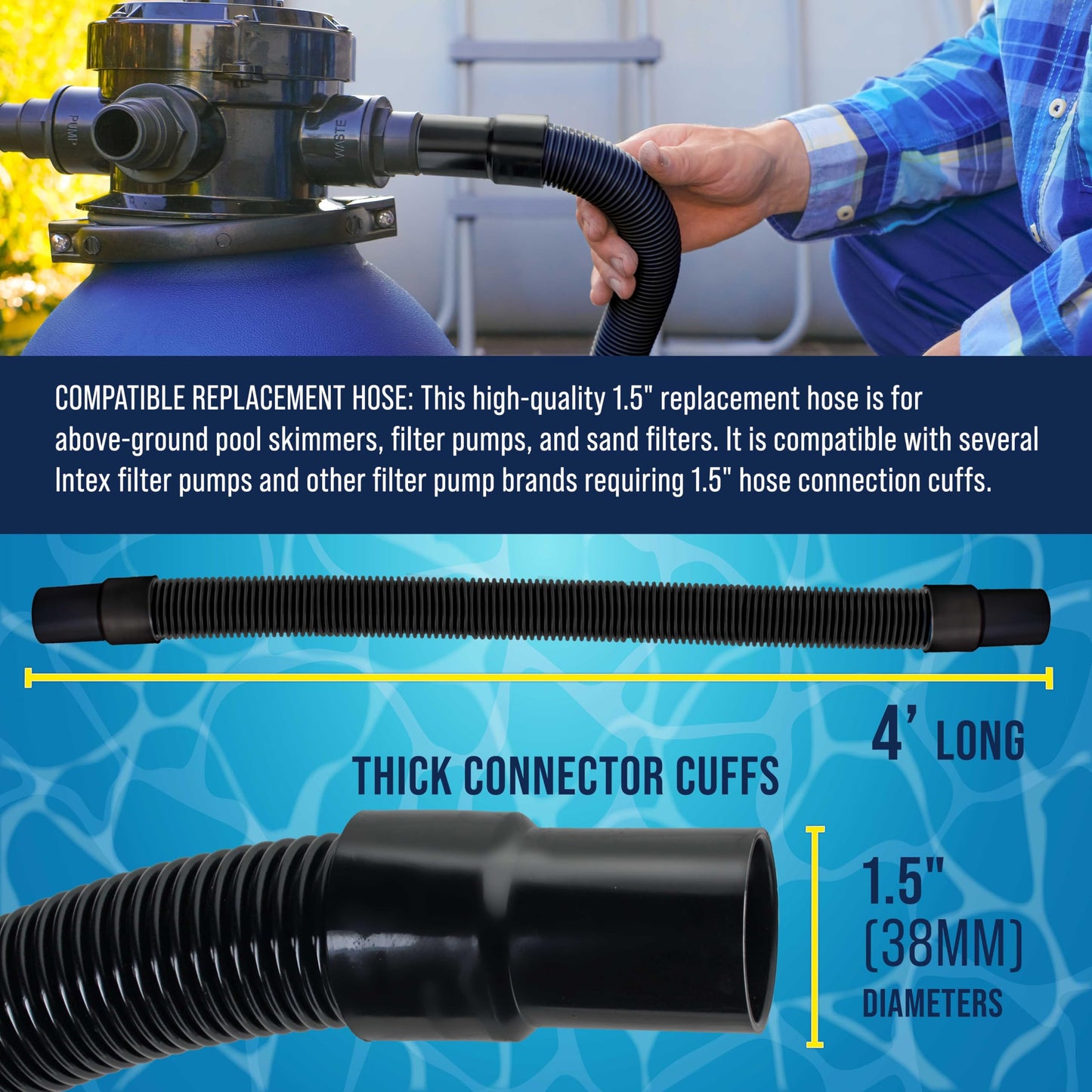 U.S. Pool Supply 4 Foot Heavy-Duty Above Ground Pool Hose, 1.5" - Black Replacement Filter Connecting Hose, Flexible Spiral Wound EVA - Compatible with Intex for Pool Filter Pumps - Skimmer Pump
